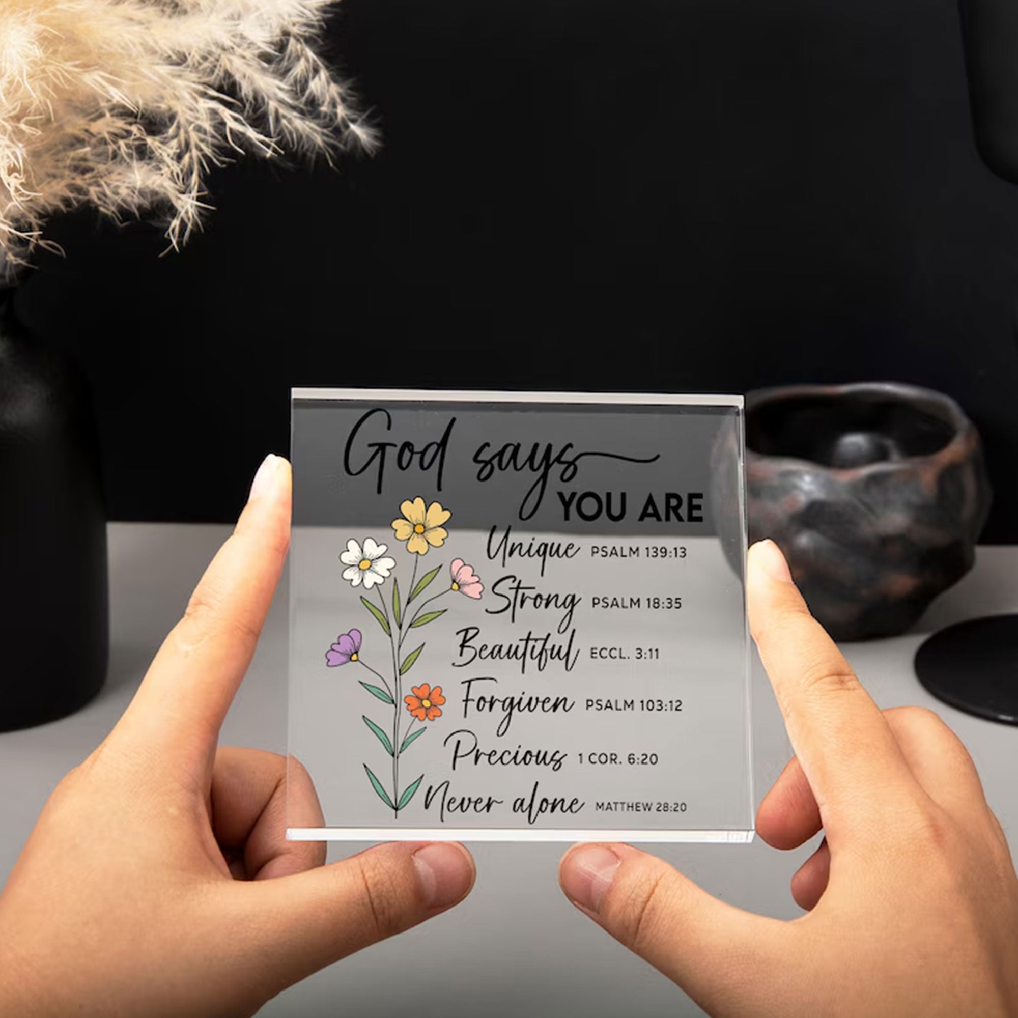 Personalized God Says You Are Acrylic Plaque, Custom Name Bible Verse Flower Decor, 2D Flat Christian Gift