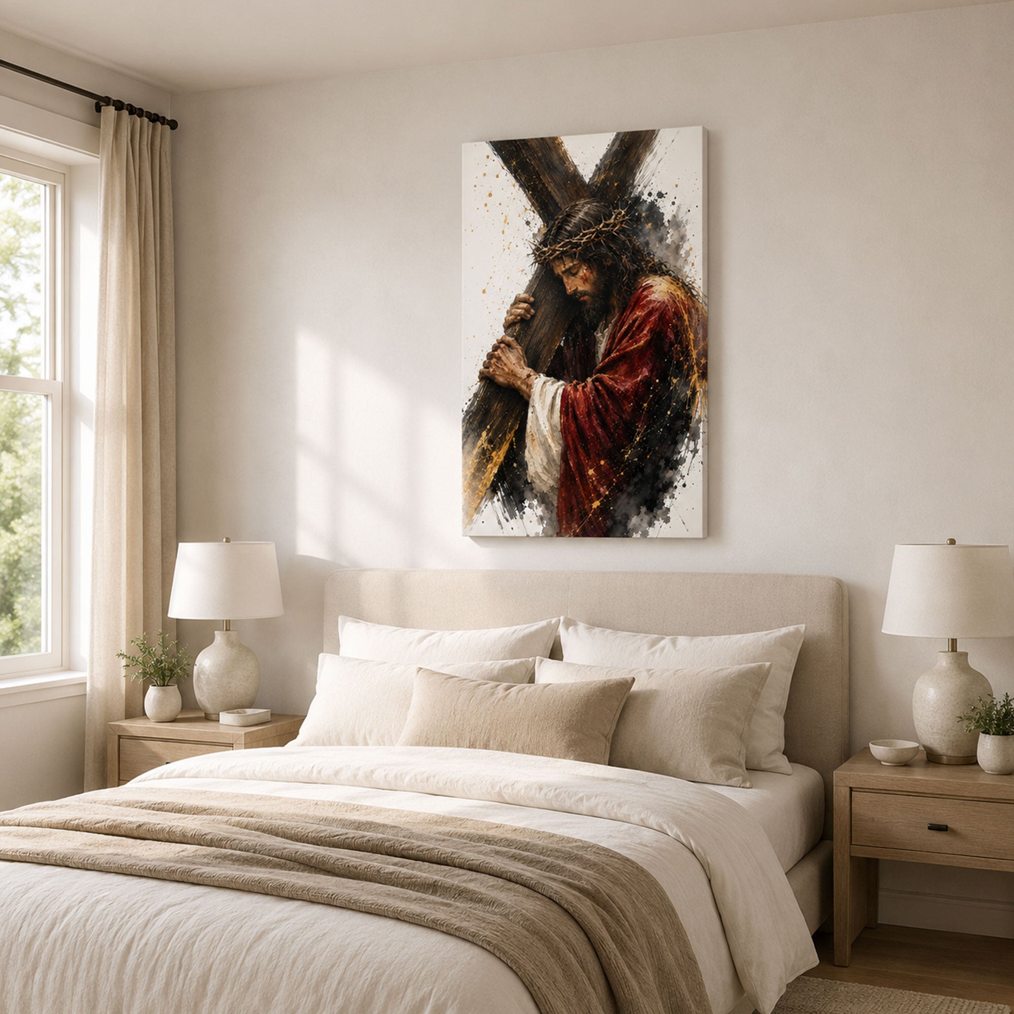 Jesus Carrying the Cross Canvas Print, Crown of Thorns Christian Wall Decor, Catholic Faith Gift