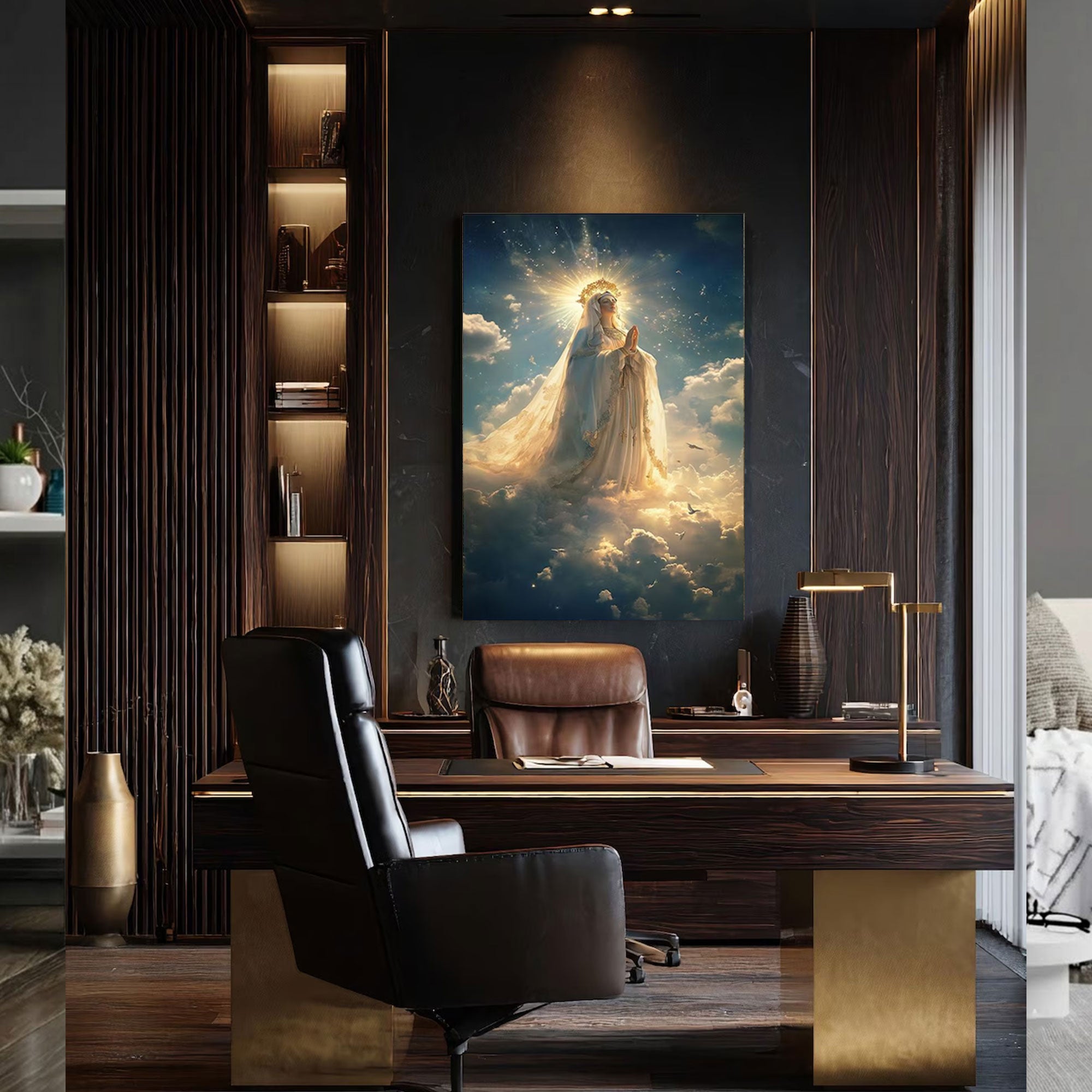 Heavenly Virgin Mary Canvas Print, Praying in the Clouds Wall Art, Golden Halo Light, Catholic Christian Home Decor