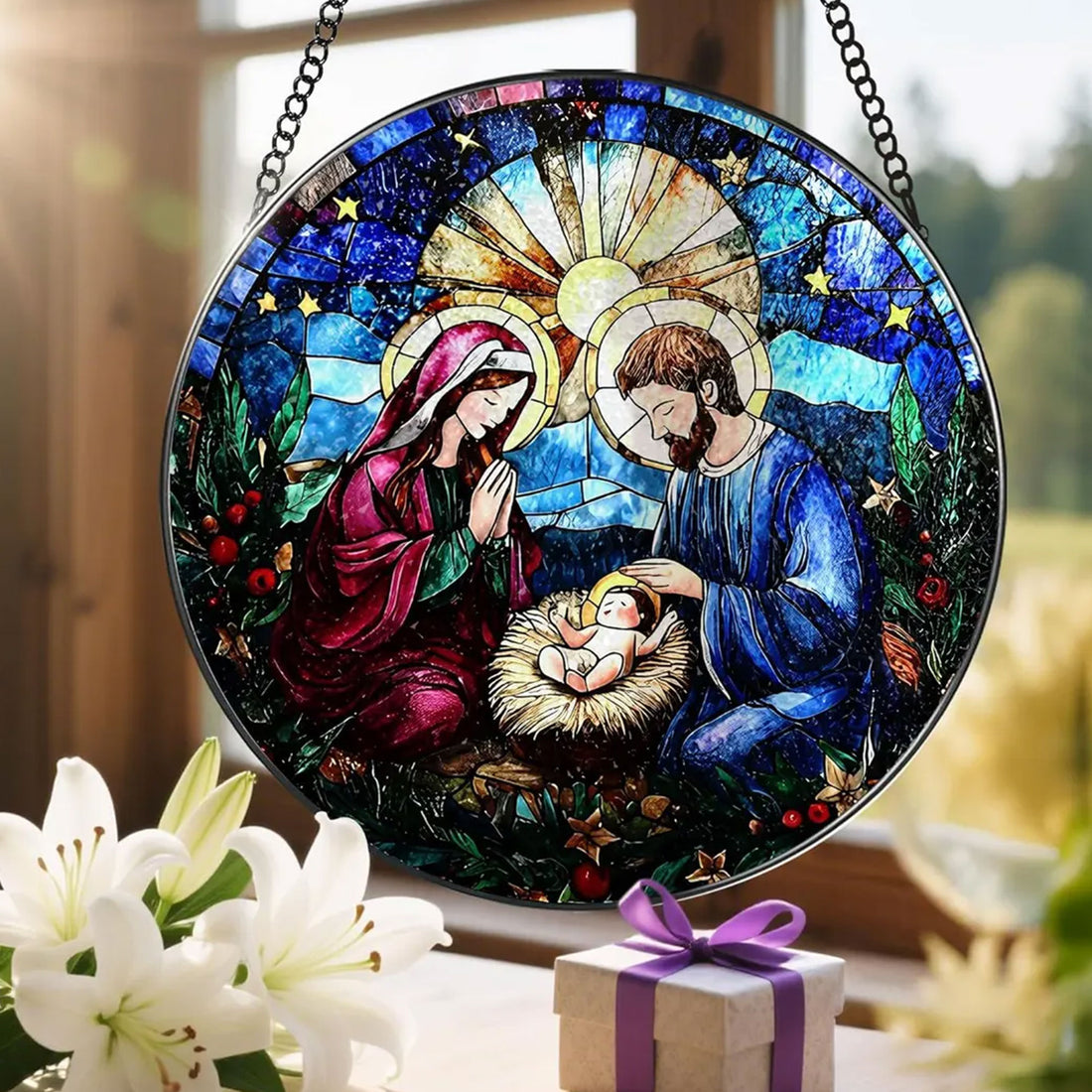 Nativity Stained Glass Suncatcher, Holy Family Window Hanging, Christian Christmas Decor Gift