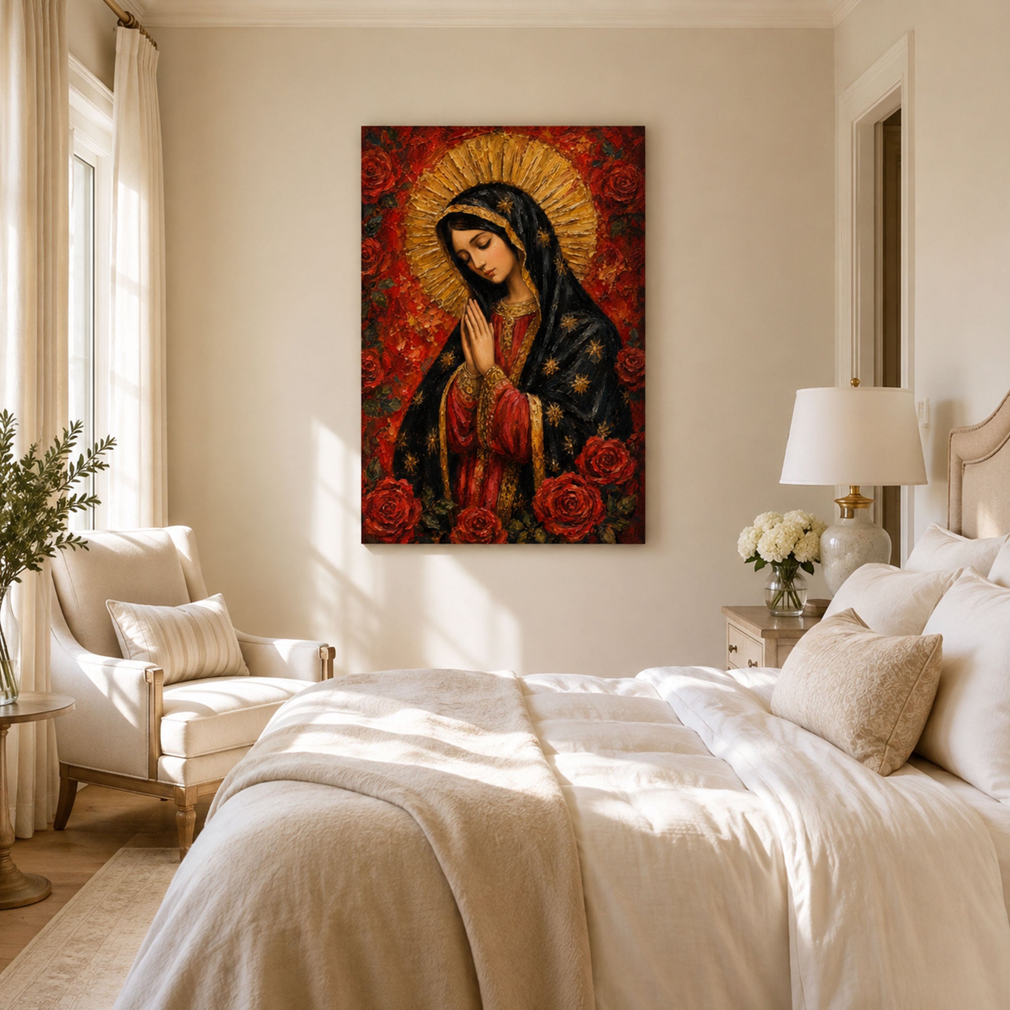 Our Lady of Guadalupe with Roses Canvas Print, Virgin Mary Catholic Wall Decor, Marian Faith Gift