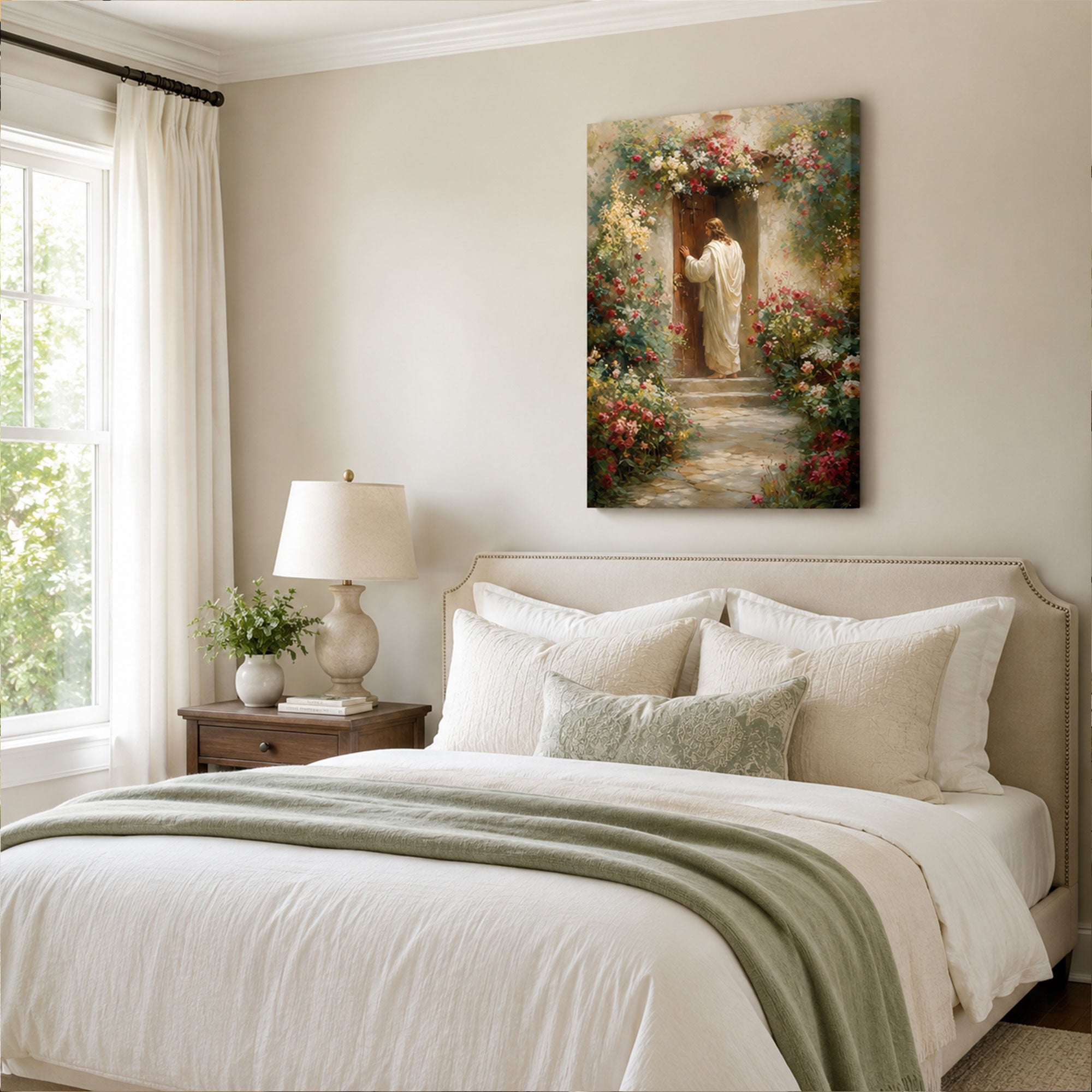 Jesus Knocking at the Garden Door Canvas Print, Christian Open Door Wall Art, Floral Faith Home Decor Gift