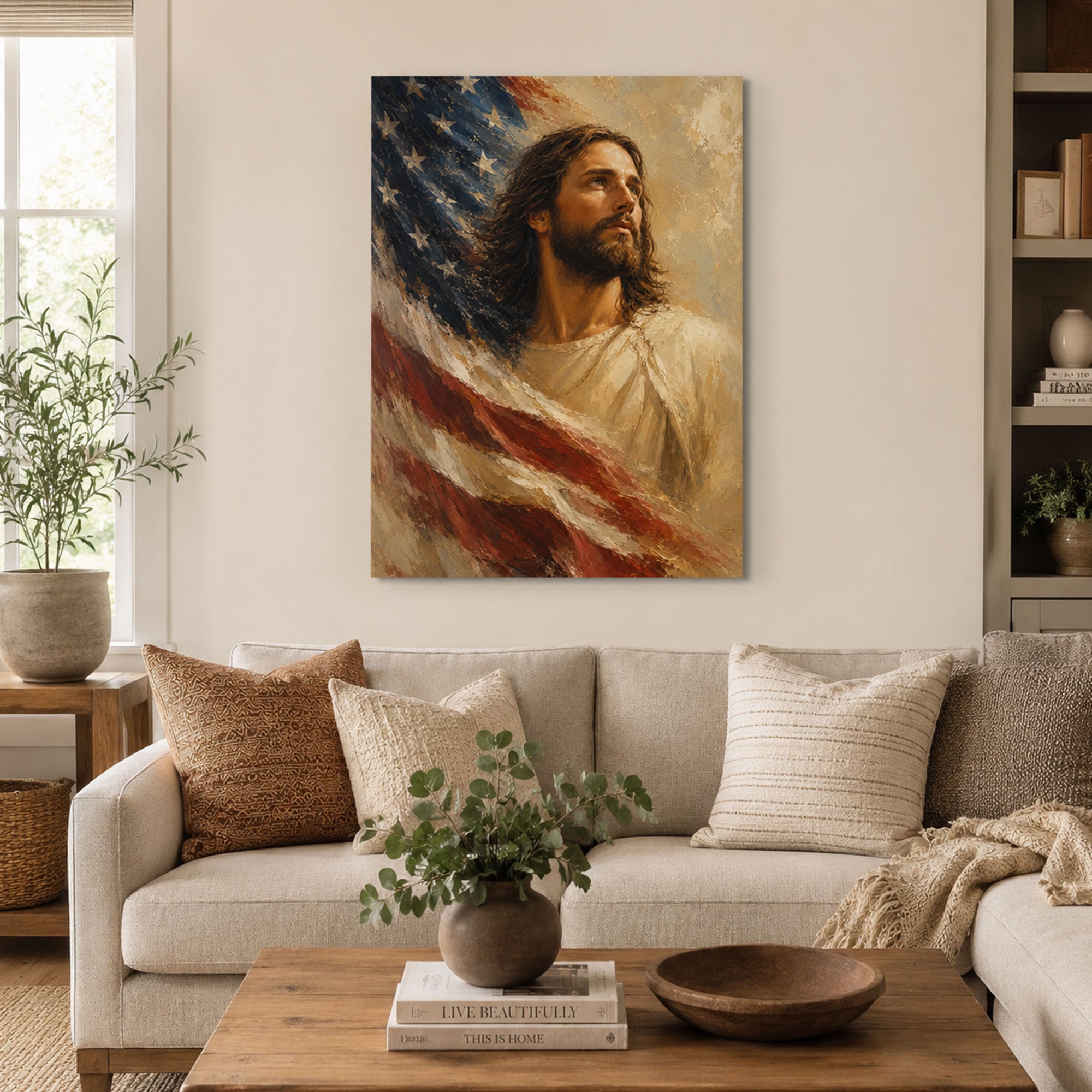 Jesus with American Flag Canvas Print, Christian Patriotic Wall Art, Faith and Freedom Home Decor Gift