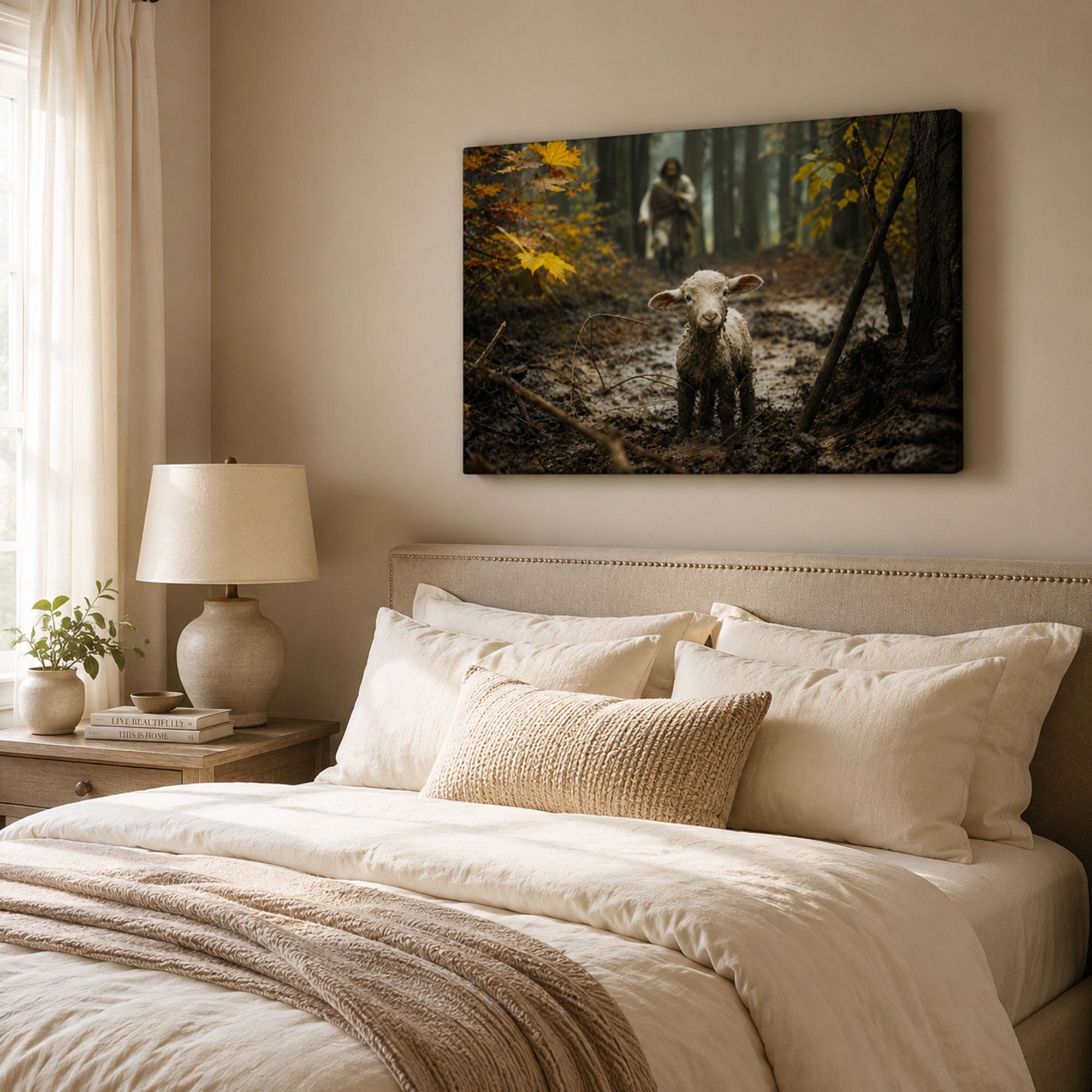 Lost Lamb Good Shepherd Canvas Print, Jesus Seeking the Lost Sheep Christian Wall Art, Faith Home Decor Gift