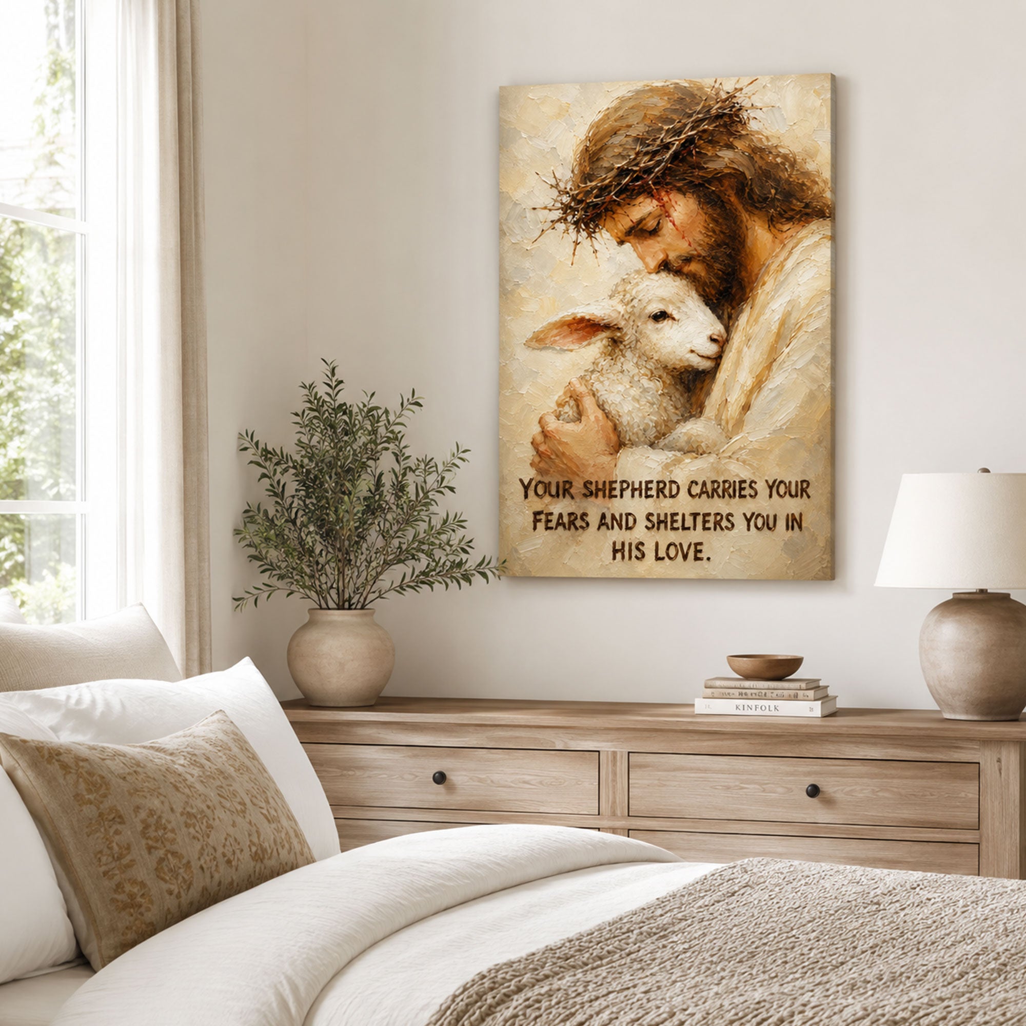Jesus Good Shepherd with Lamb Canvas Print, Your Shepherd Carries Your Fears Christian Wall Decor, Faith Gift
