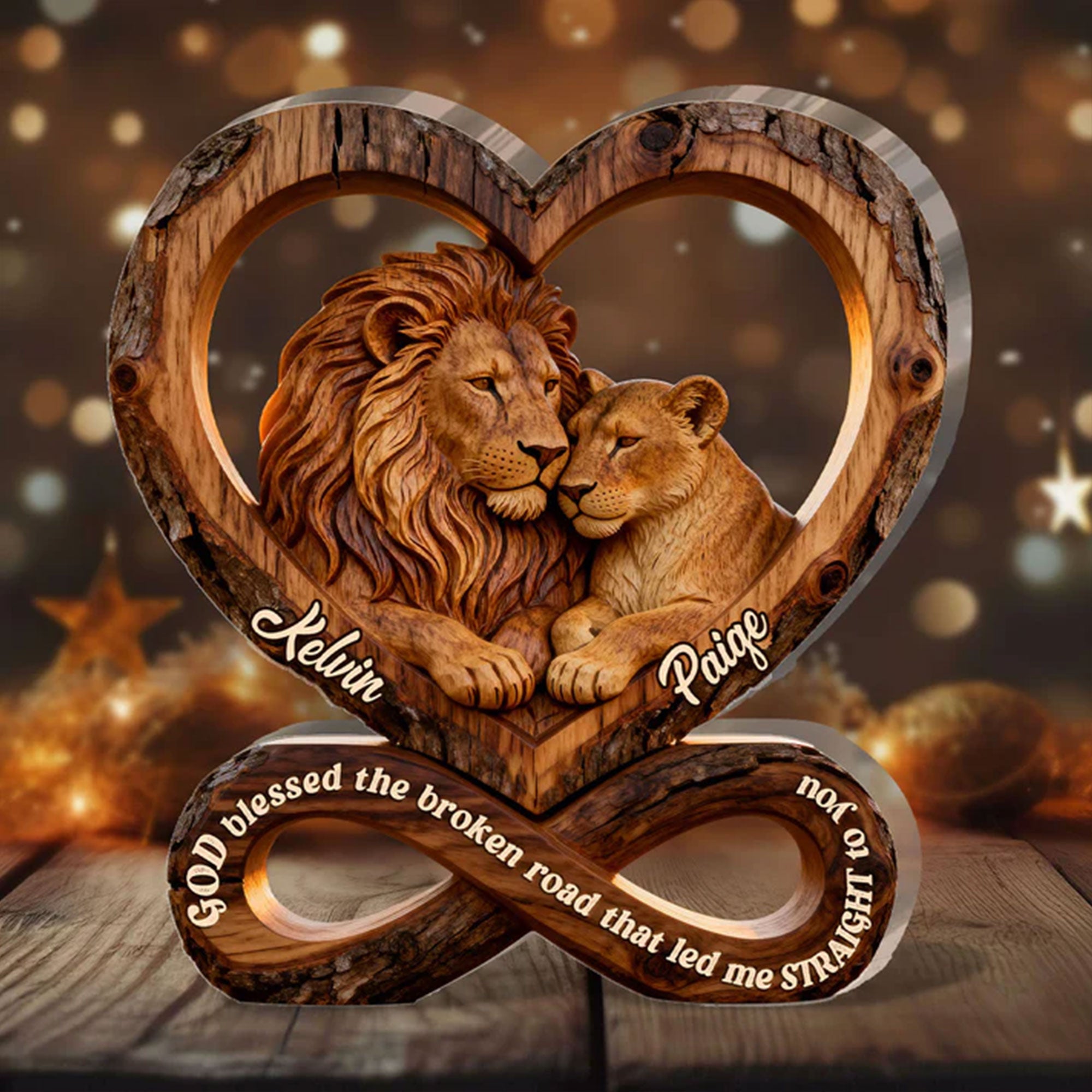 Personalized Lion Couple Acrylic Plaque, God Blessed the Broken Road, Anniversary Gift