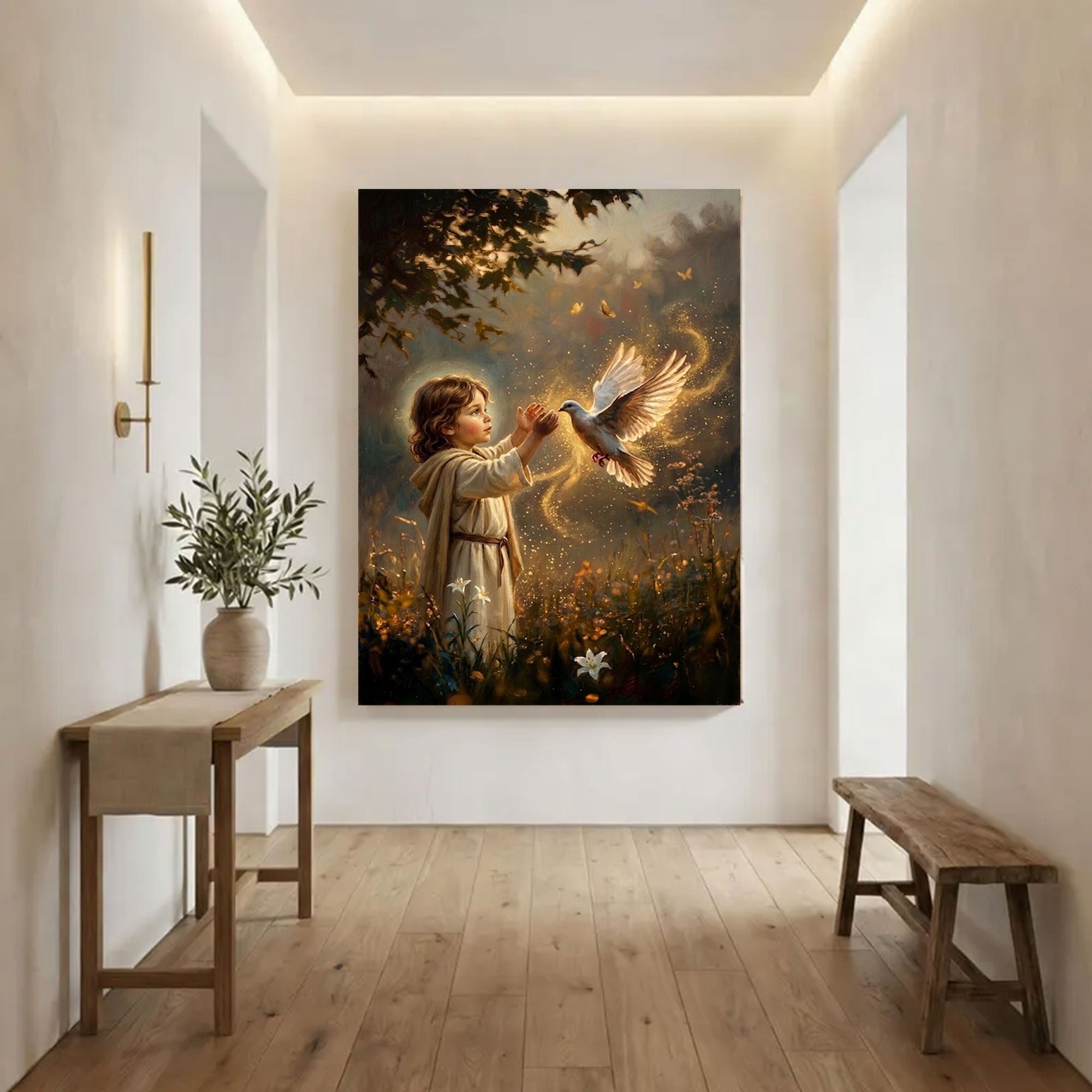 Child with Holy Spirit Dove Canvas Print, Christian Faith Wall Art, Symbol of Innocence and Divine Presence, Spiritual Light Decor, Inspirational Gift