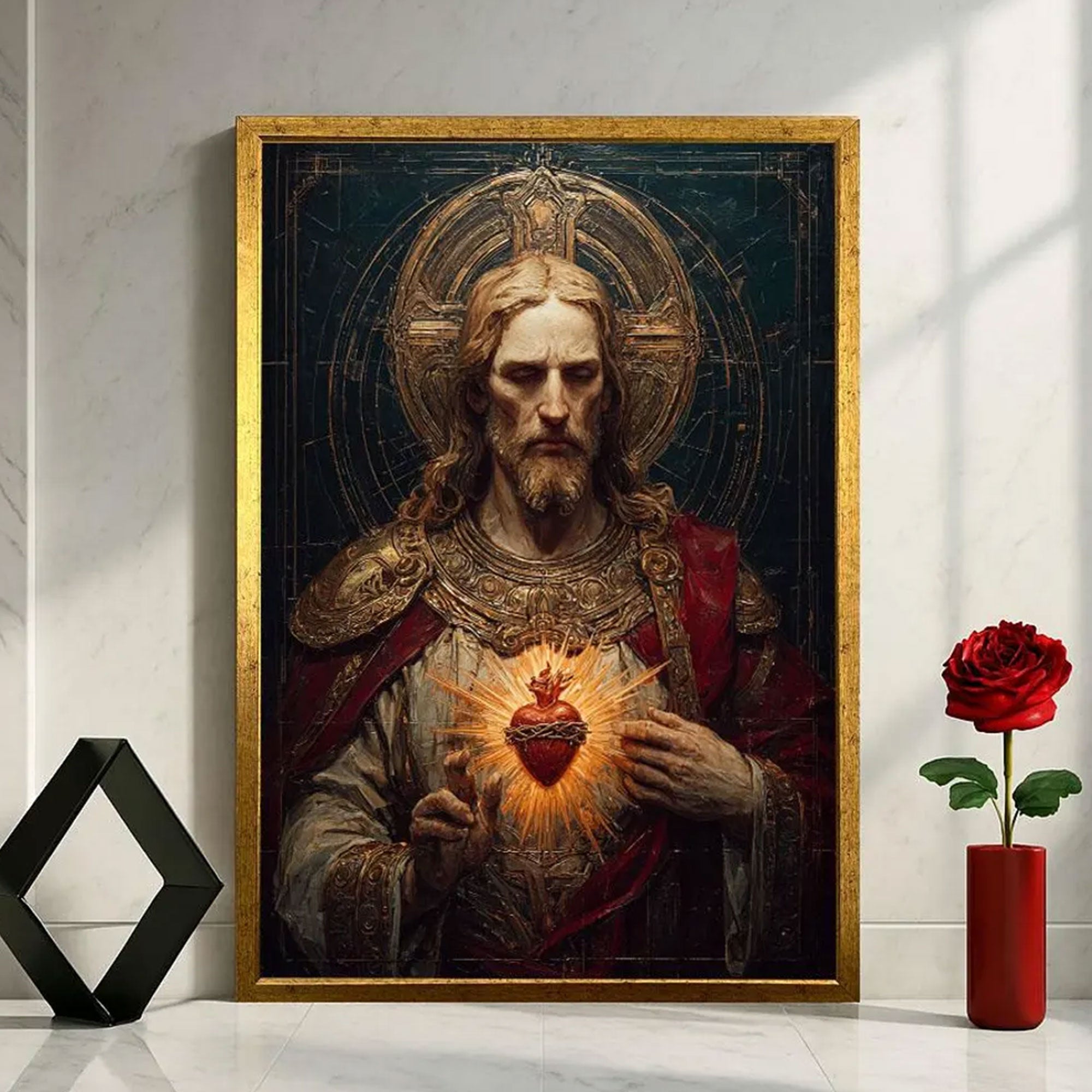Radiant Jesus Sacred Heart Canvas Wall Art, Christian Spiritual Decor, Statement Living Room Piece