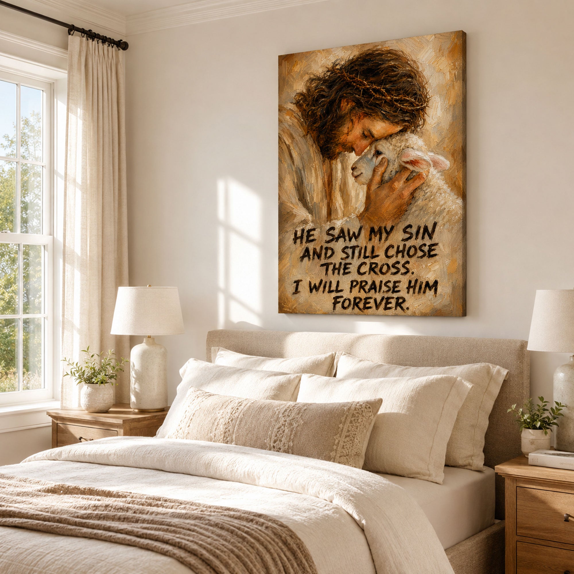He Saw My Sin and Still Chose the Cross Canvas Print, Jesus and Lamb Christian Wall Decor, Faith Gift