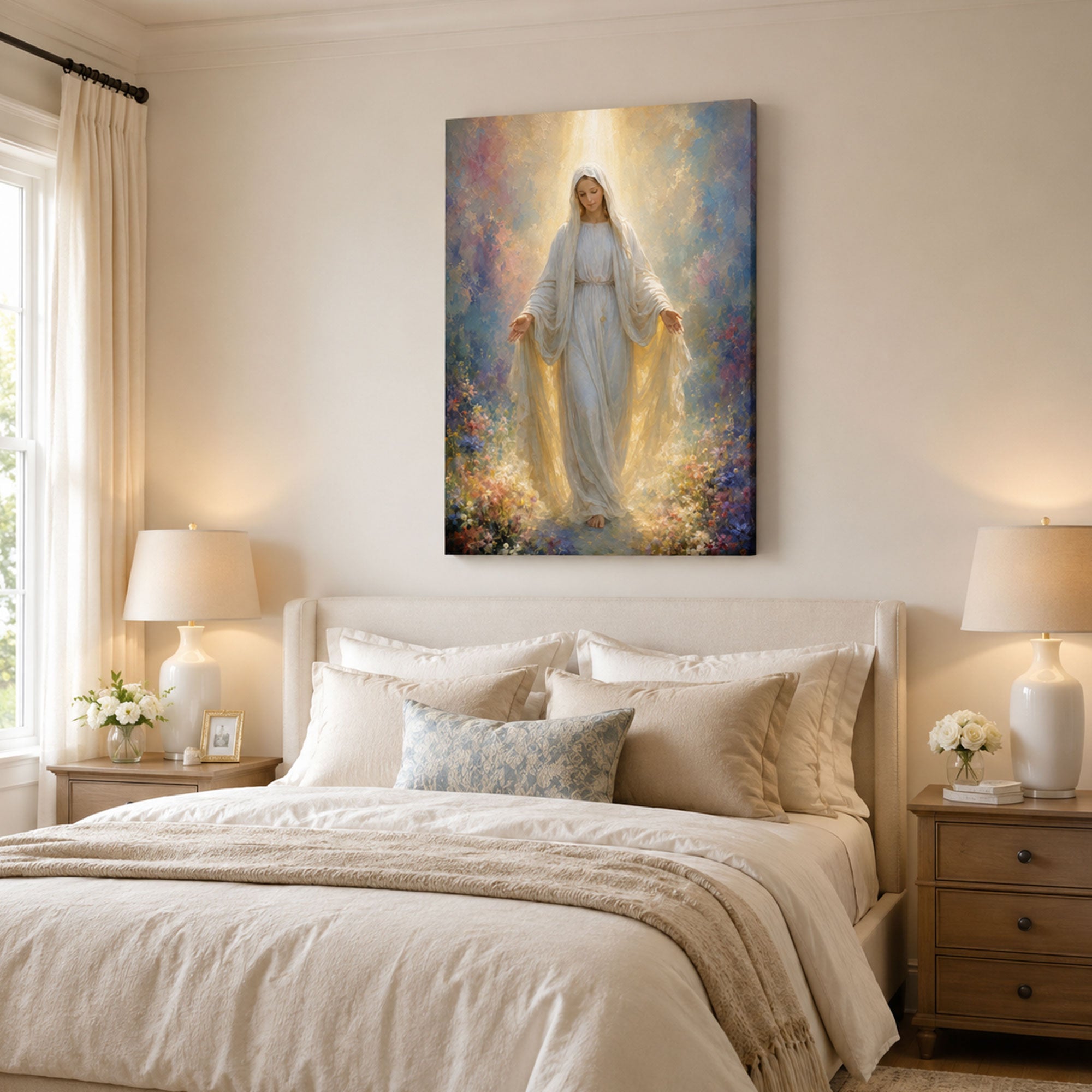 Virgin Mary in Heavenly Light Canvas Print, Catholic Home Decor