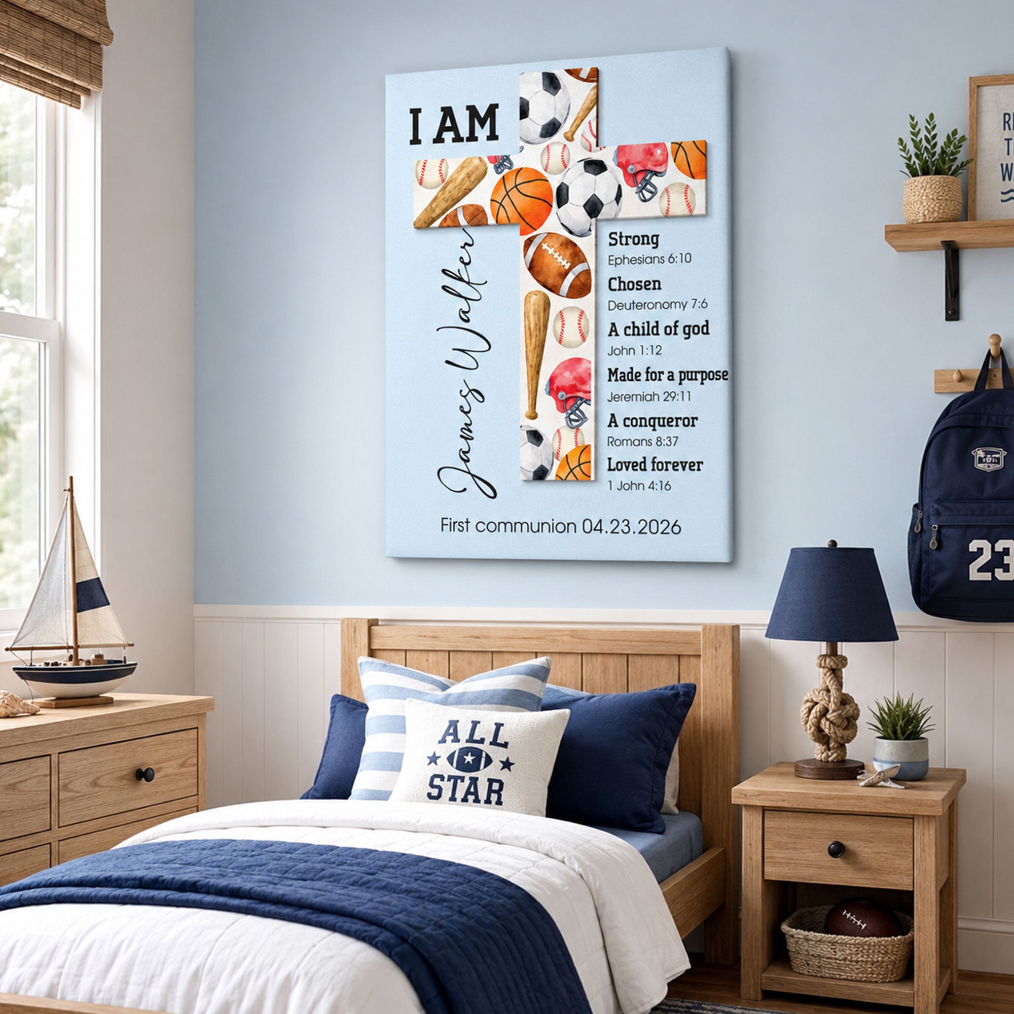 Custom First Communion Gift for Boy, Personalized Sports Cross Canvas Print, Christian Bible Verse Keepsake, Baptism Confirmation Gift