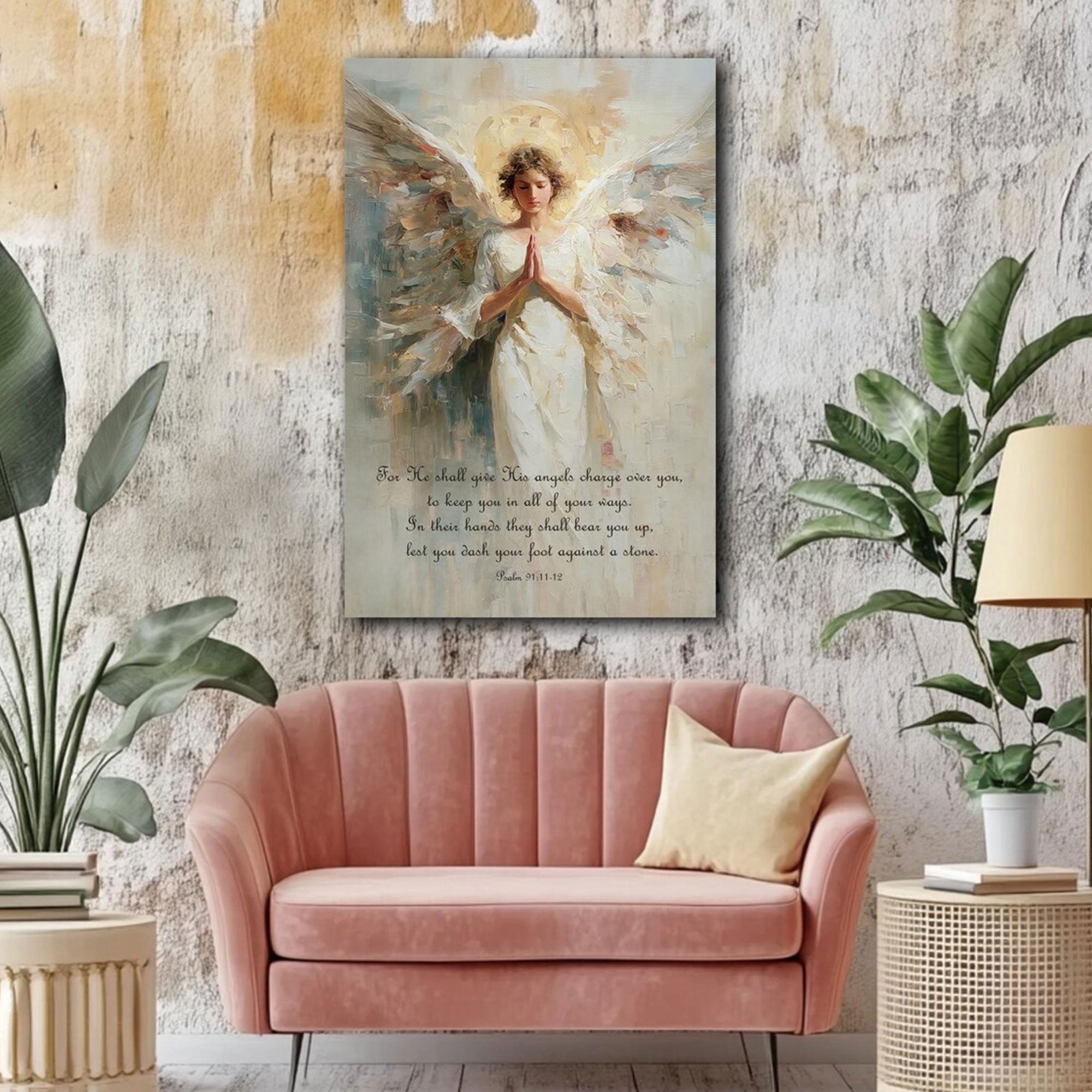 Psalm 91 Guardian Angel Canvas Print, Christian Angel Wall Art, Faith Home Decor