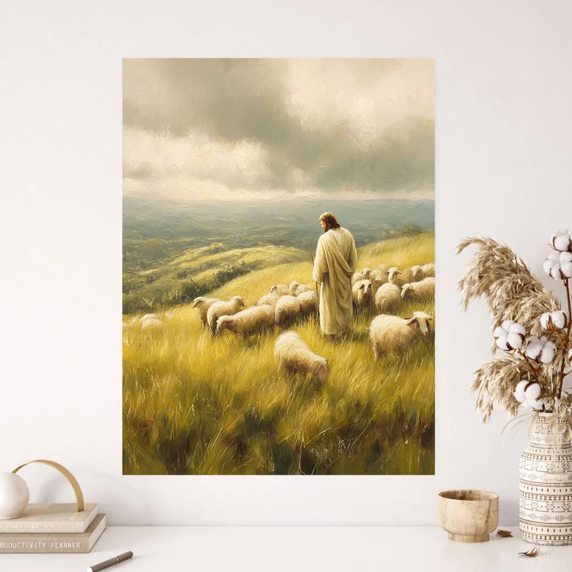 Jesus Good Shepherd Canvas Print, Christian Religious Sheep Wall Art, Rustic Faith Home Decor