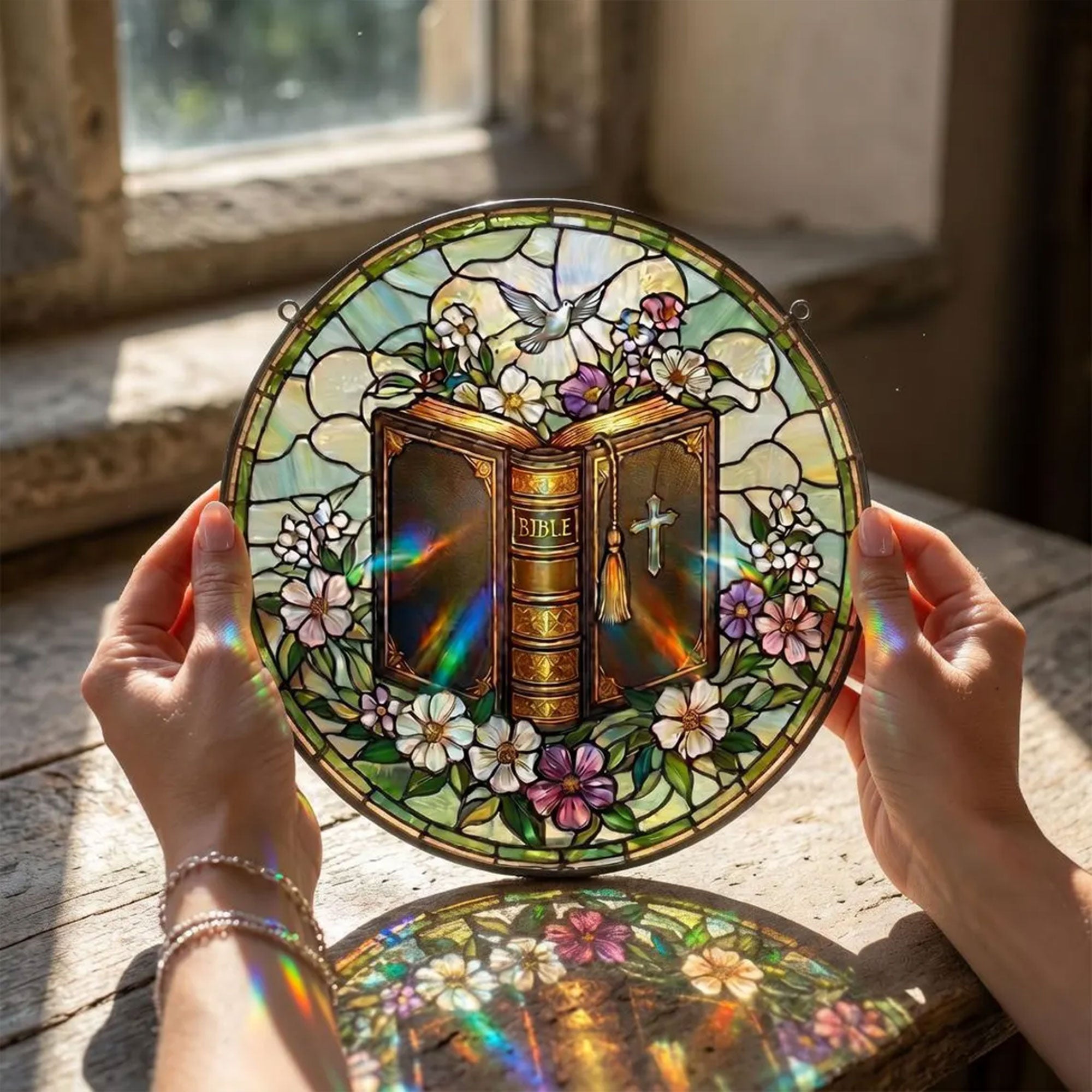 Open Bible Stained Glass Suncatcher with Dove, Christian Window Decor, Faith Gift