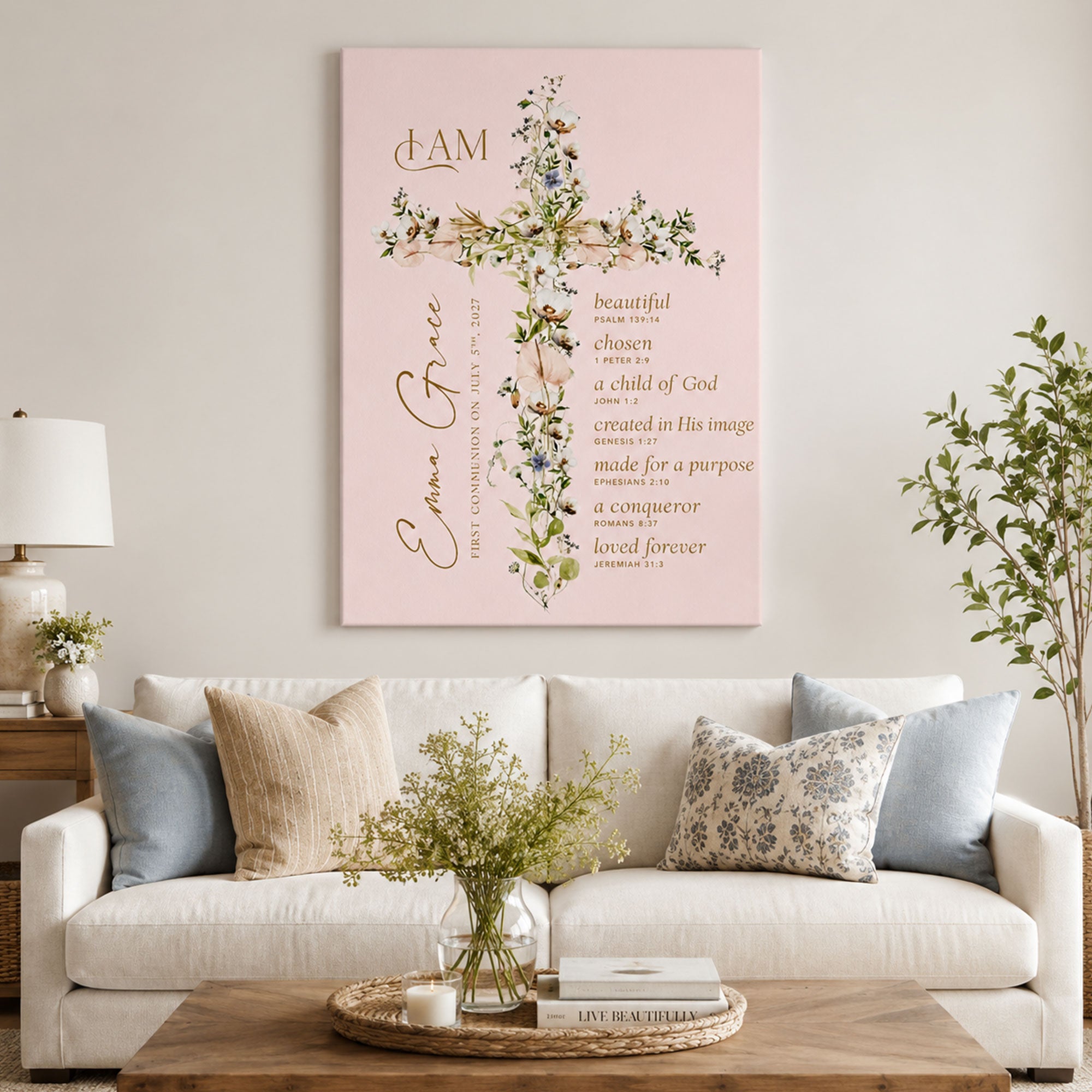 First Communion Gift for Girl, Floral Cross Printable Wall Art, Holy Communion Confirmation Baptism Keepsake, Christian Faith Gift