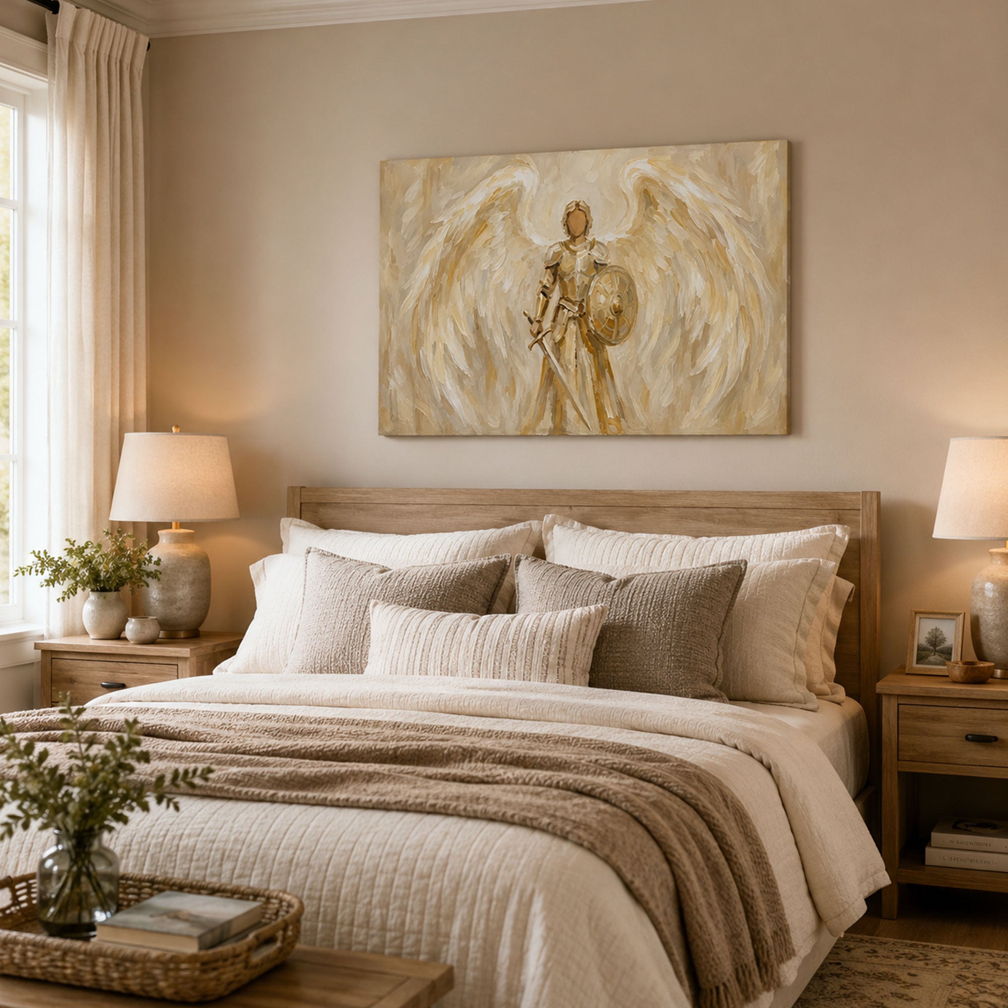 Saint Michael Angel Warrior Canvas Print, White and Gold Catholic Wall Decor