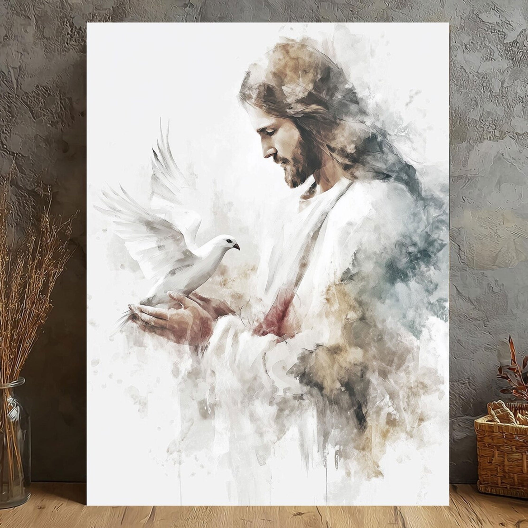 Jesus Dove Canvas Wall Art, Christ Peace Watercolor Painting, Christian Religious Home Decor