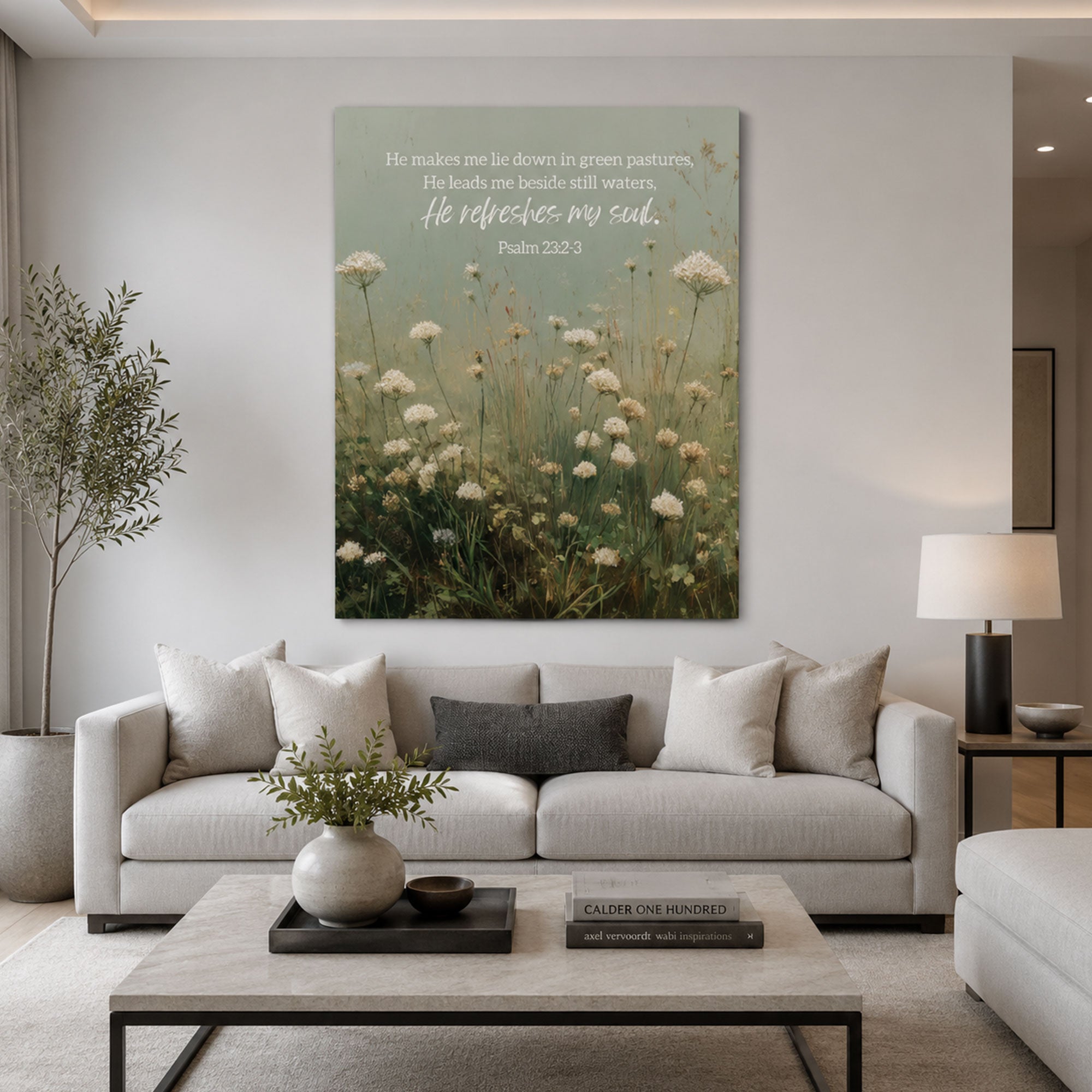 Psalm 23 Bible Verse Canvas Print, Soft Floral Field Christian Wall Art, Minimalist Scripture Home Decor Gift