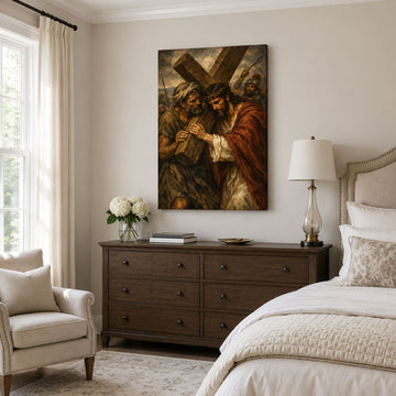 Jesus Carries the Cross Canvas Print, Simon of Cyrene Catholic Wall Art, Passion of Christ Home Decor Gift