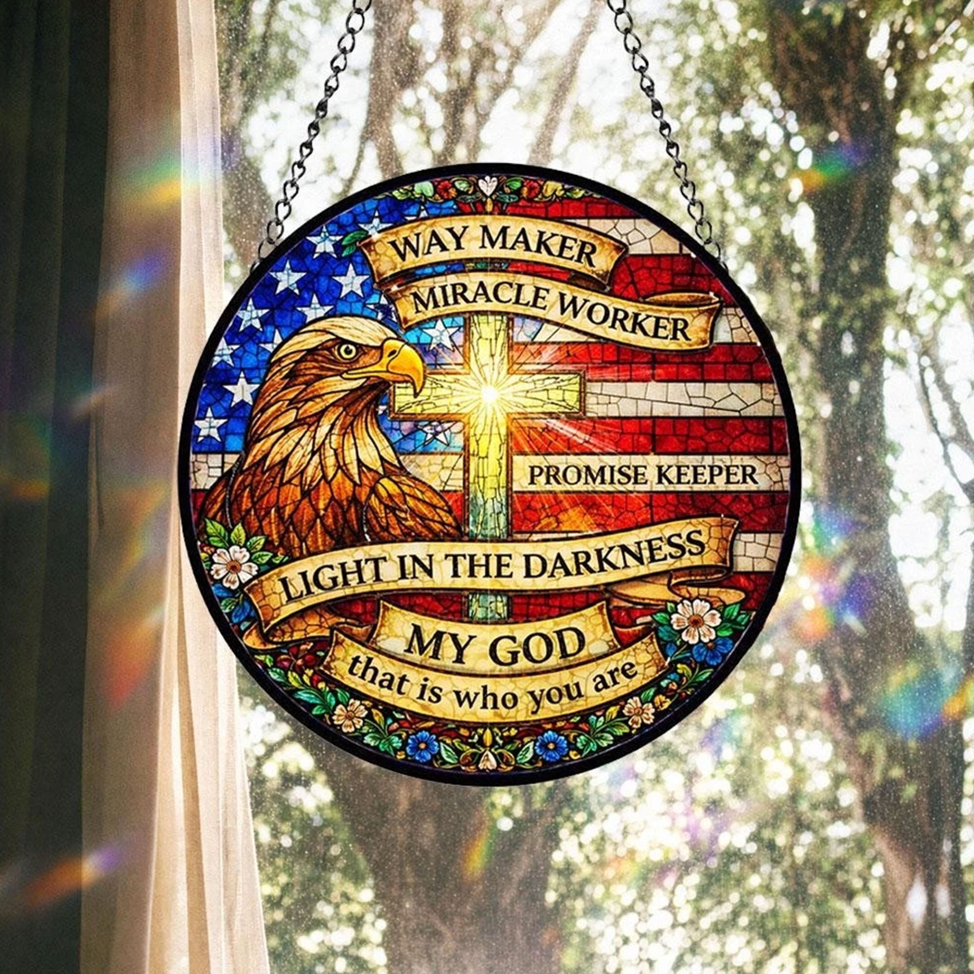 Eagle Cross Stained Glass Suncatcher, Christian Patriotic Window Hanging, Way Maker Scripture Faith Gift, American Flag Decor