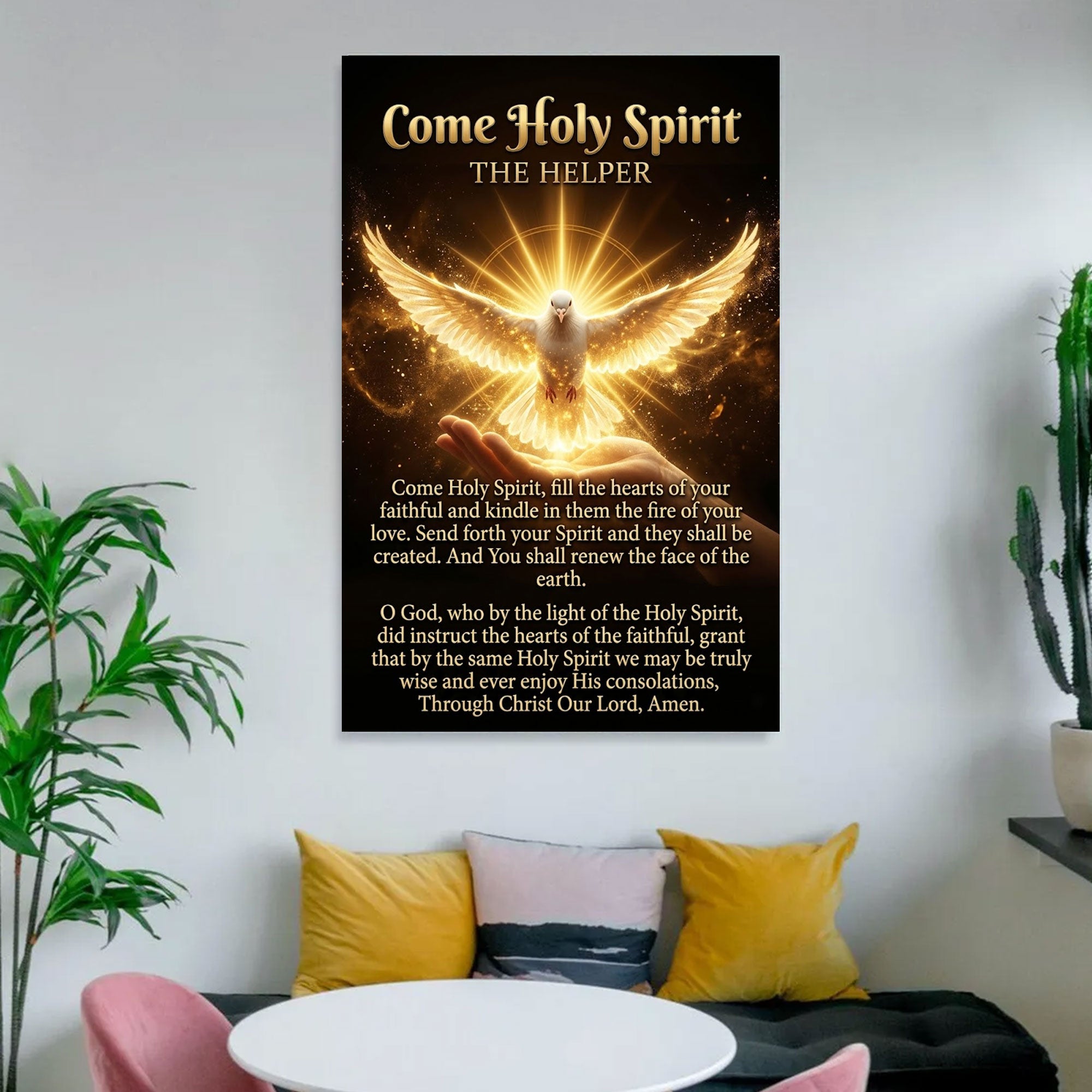 Come Holy Spirit Canvas Print, The Helper Prayer Wall Art, Catholic Holy Spirit Dove, Pentecost Fire Christian Decor, Inspirational Faith Gift