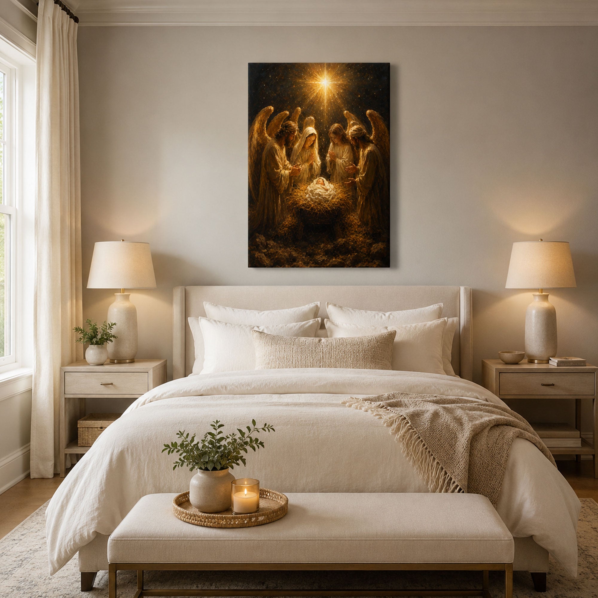 Nativity of Jesus with Angels Canvas Print, Holy Night Christian Wall Decor, Christmas Faith Gift