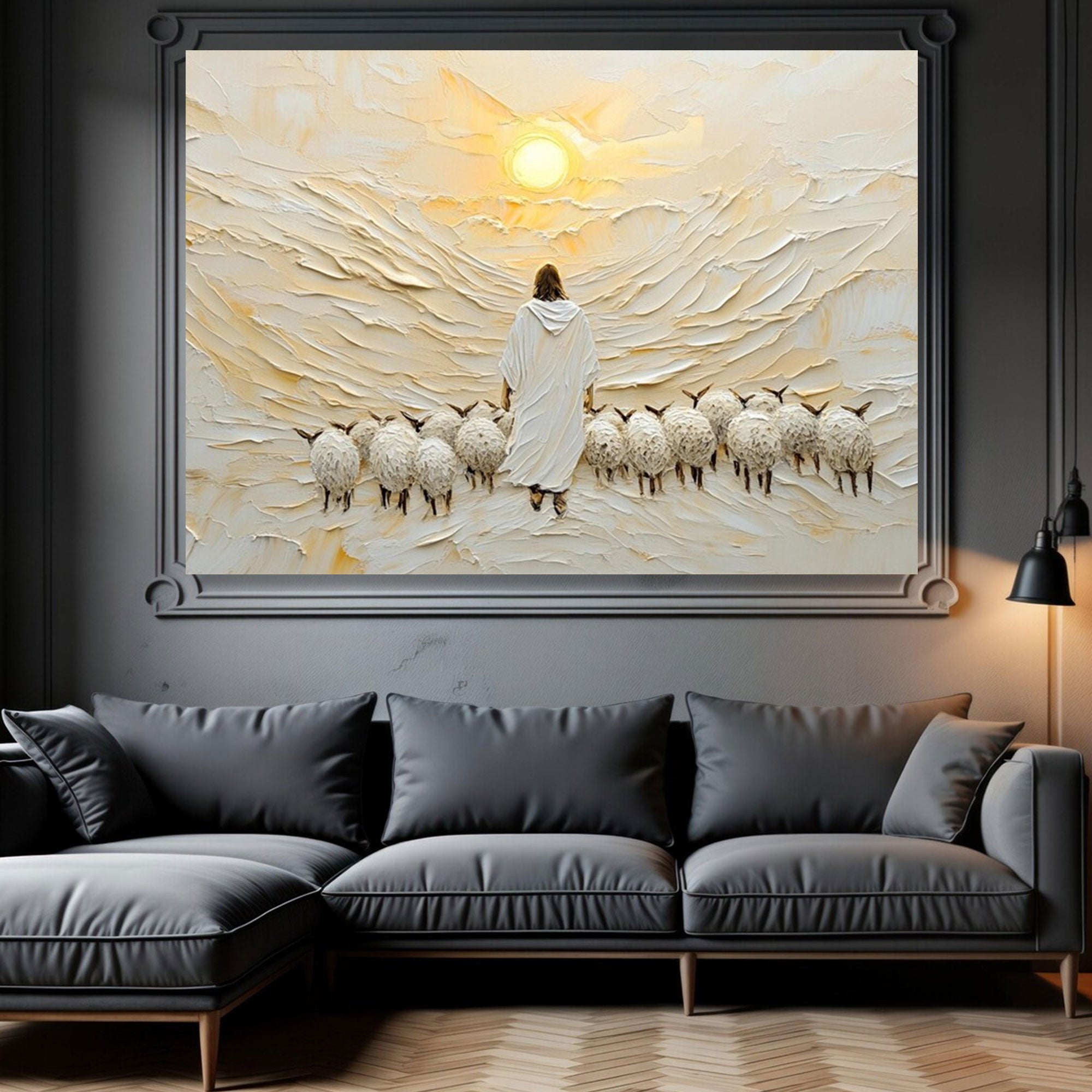Spiritual Shepherd with Sheep Canvas Print, Jesus Wall Art, Good Shepherd Christian Decor, Religious Home Decor, Inspirational Faith Gift