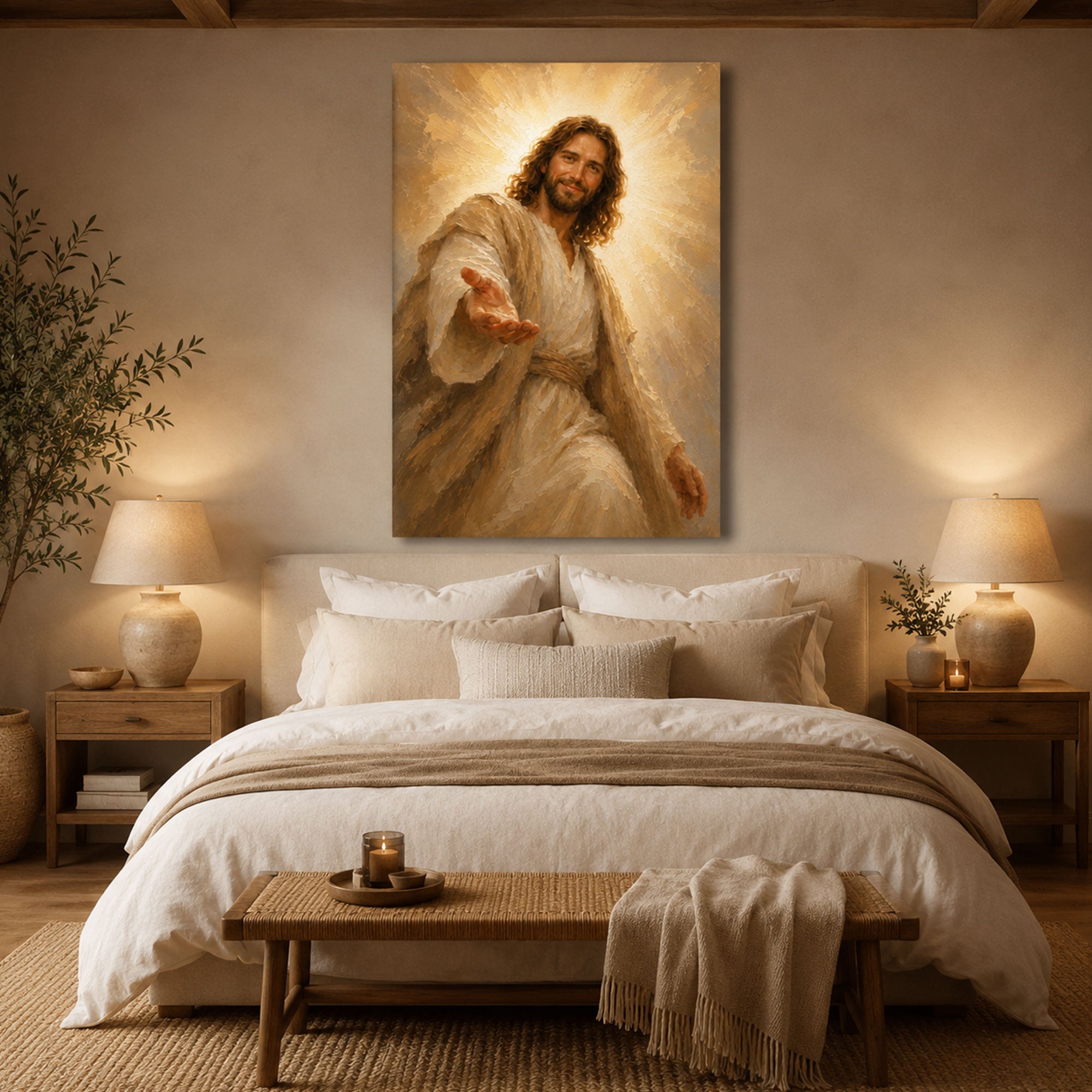 Smiling Jesus Reaching Out Canvas Print, Peaceful Christian Wall Art, Faith Home Decor