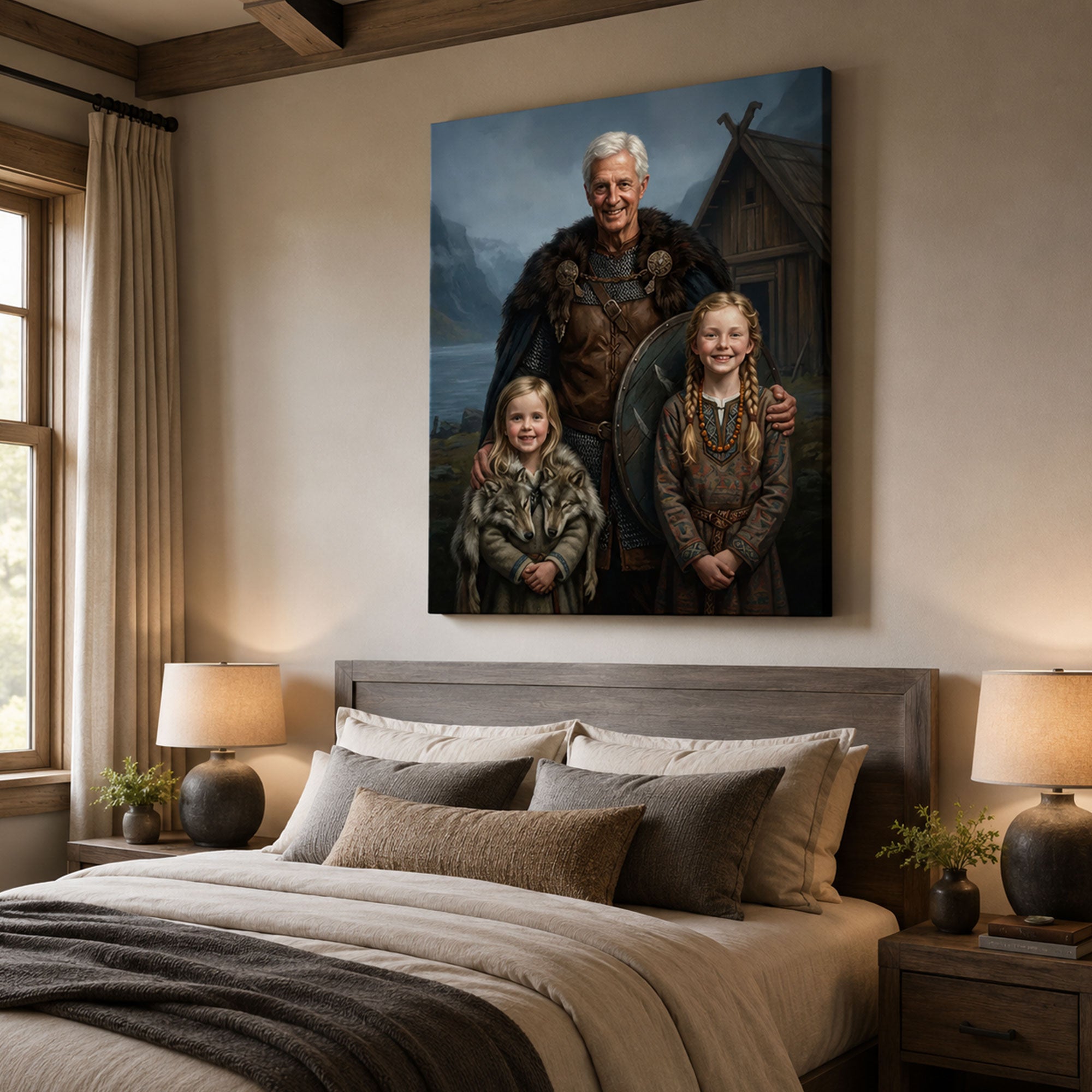 Personalized Viking Grandpa And Grandchildren Canvas Print, Custom Medieval Family Portrait Wall Art, Father’s Day Gift For Grandpa