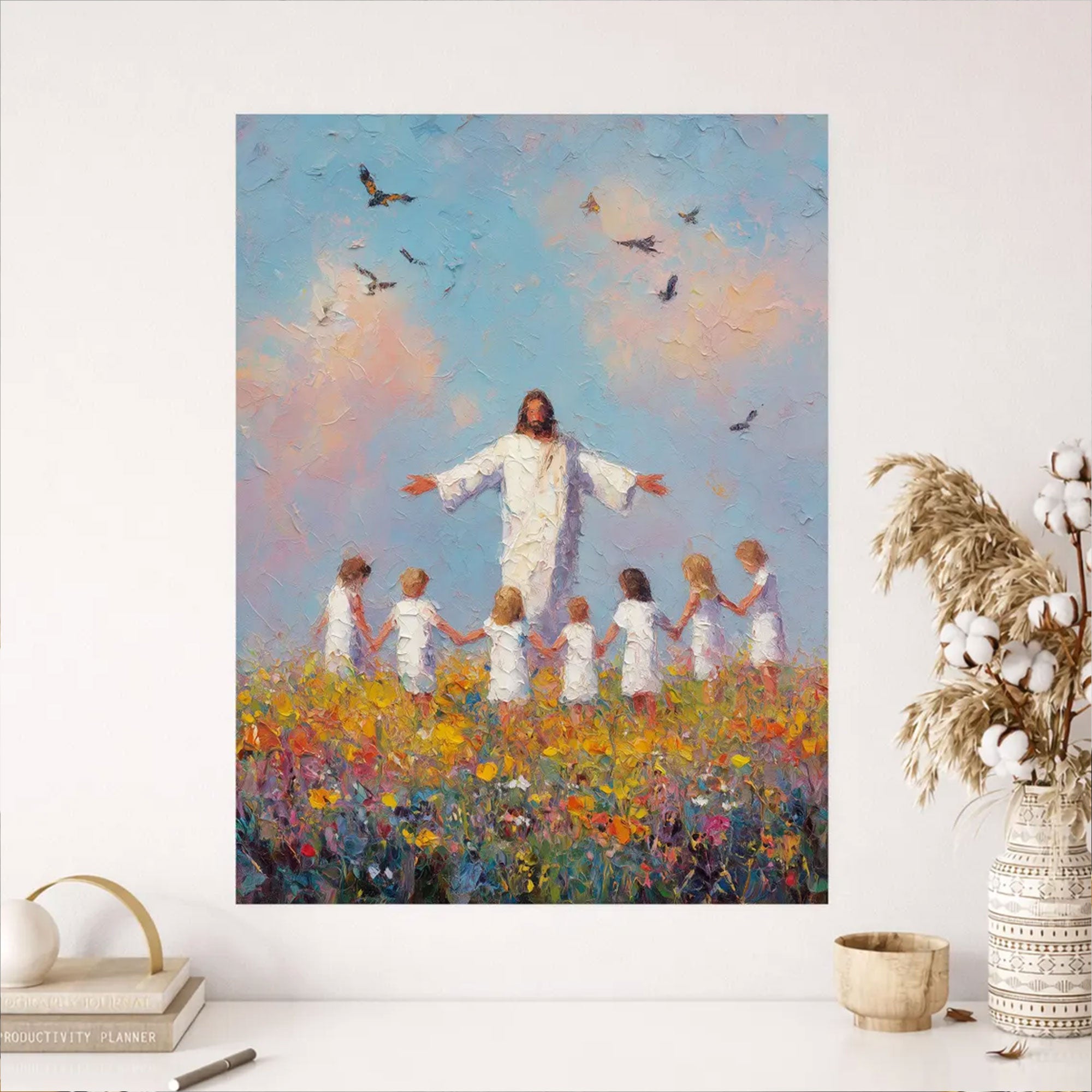 Jesus and Children Canvas Print, Colorful Christian Wall Art, Religious Home Decor