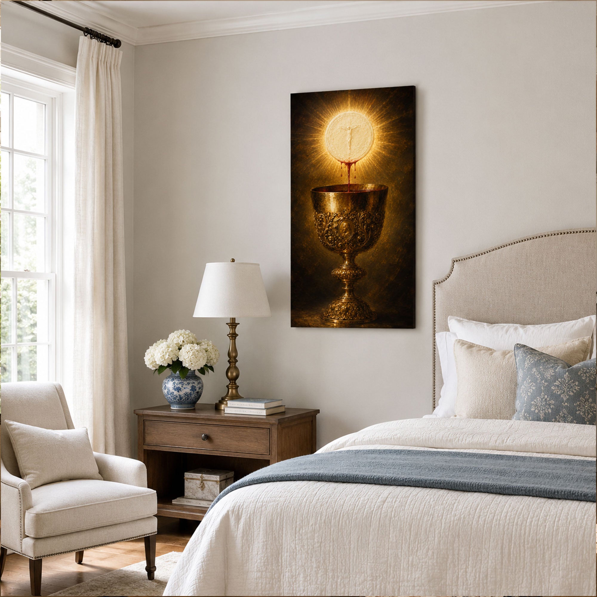 Holy Eucharist and Precious Blood Canvas Print, Catholic Chalice and Sacred Host Wall Art, First Communion Faith Home Decor Gift