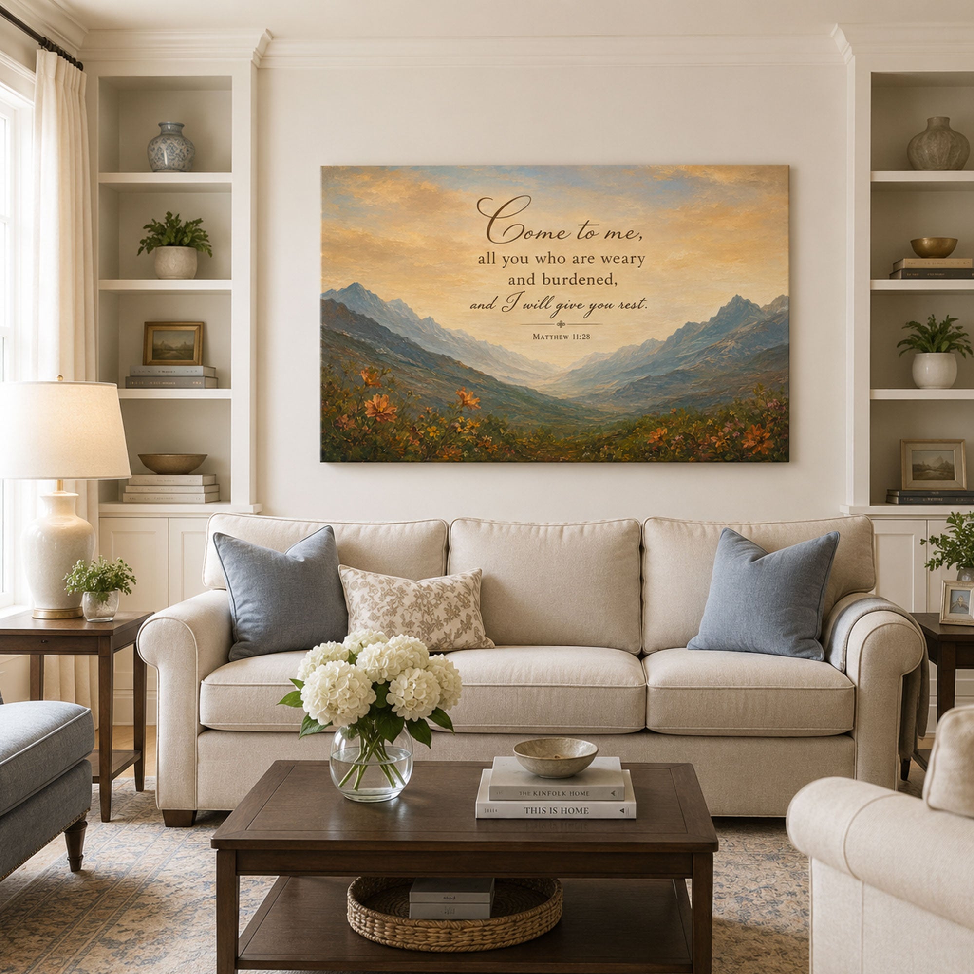 Matthew 11:28 Canvas Print, Come to Me All Who Are Weary Christian Scripture Wall Art, Mountain Faith Home Decor Gift