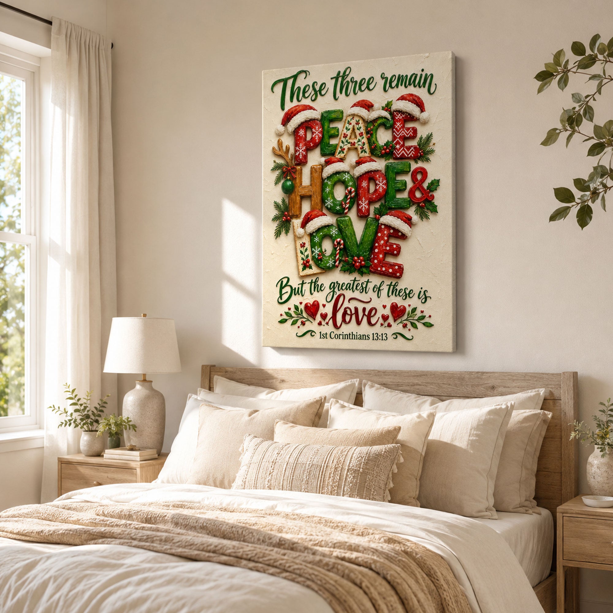 Peace Hope Love Christmas Canvas Print, 1 Corinthians 13:13 Christian Wall Decor, Faith Gift