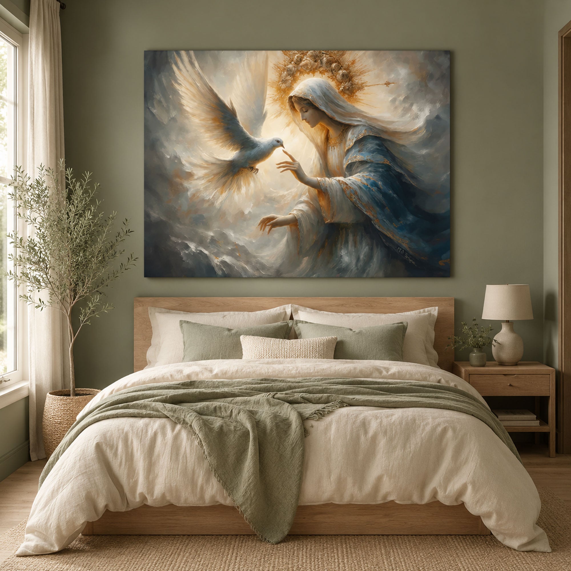 Virgin Mary and Holy Spirit Dove Canvas Art, Heavenly Christian Wall Decor, Divine Peace Religious Artwork