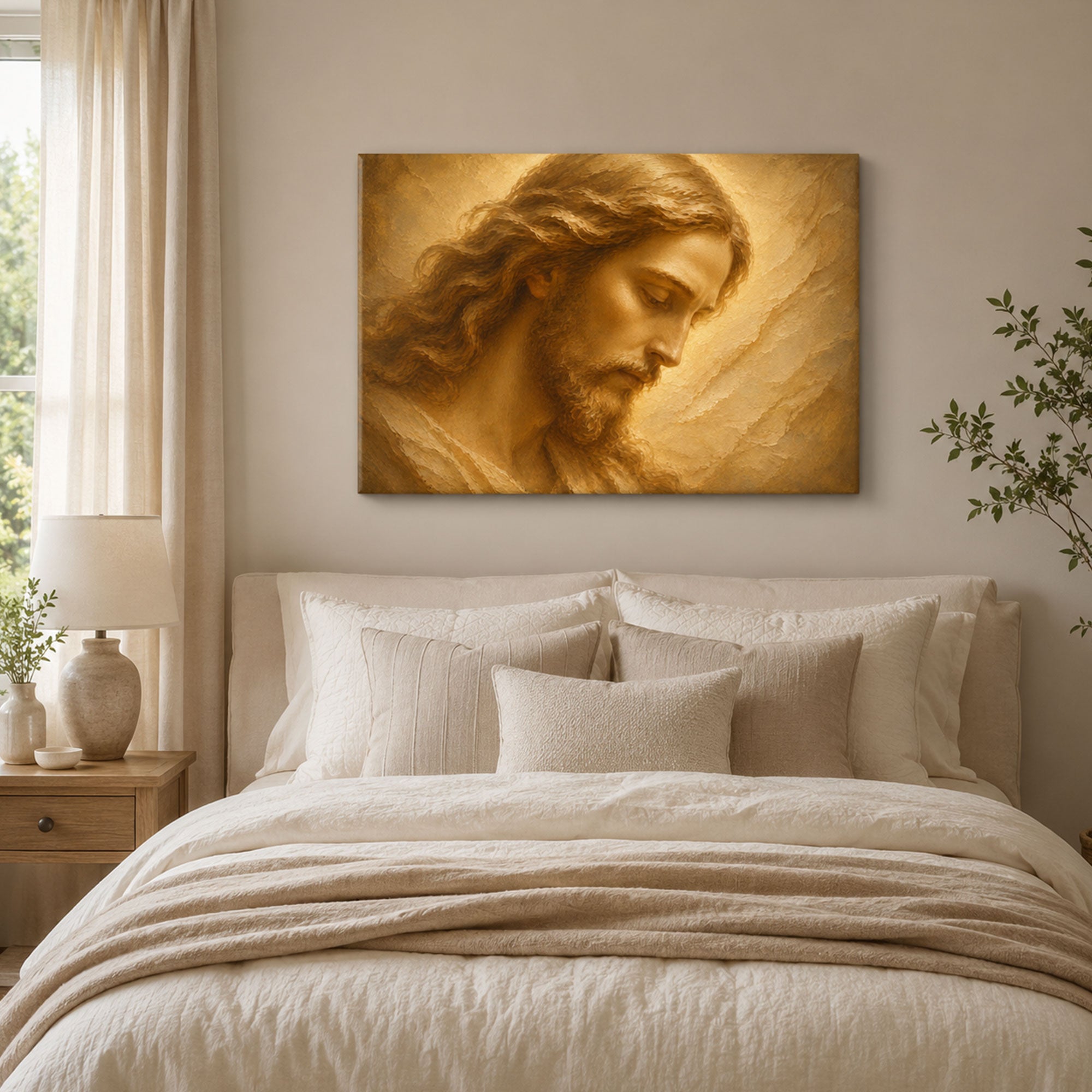 Jesus Christ Portrait Panoramic Canvas Print, Soft Gold Christian Wall Art, Faith Home Decor Gift