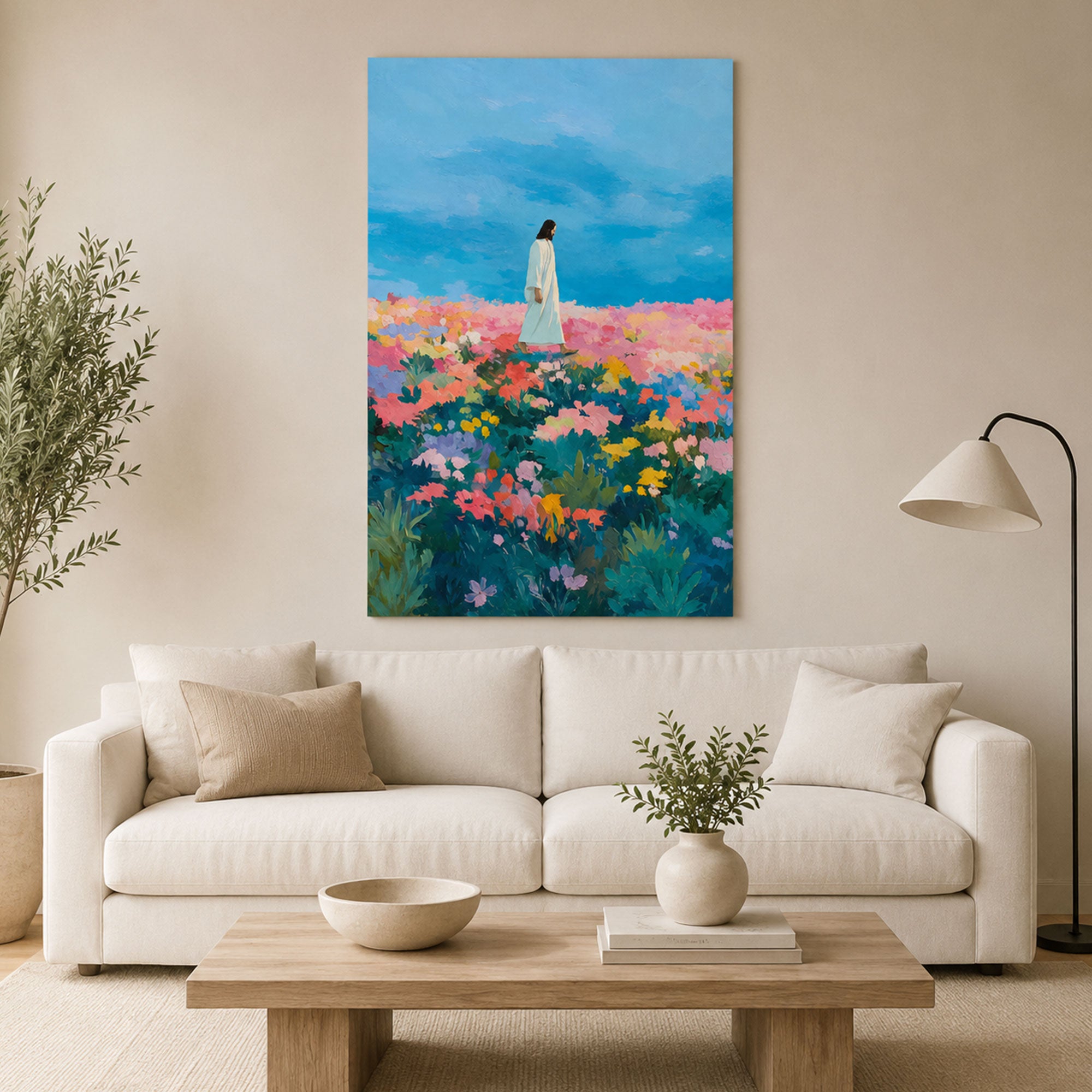 Jesus in Colorful Flower Field Canvas Print, Impressionist Christian Wall Art, Inspirational Faith Home Decor