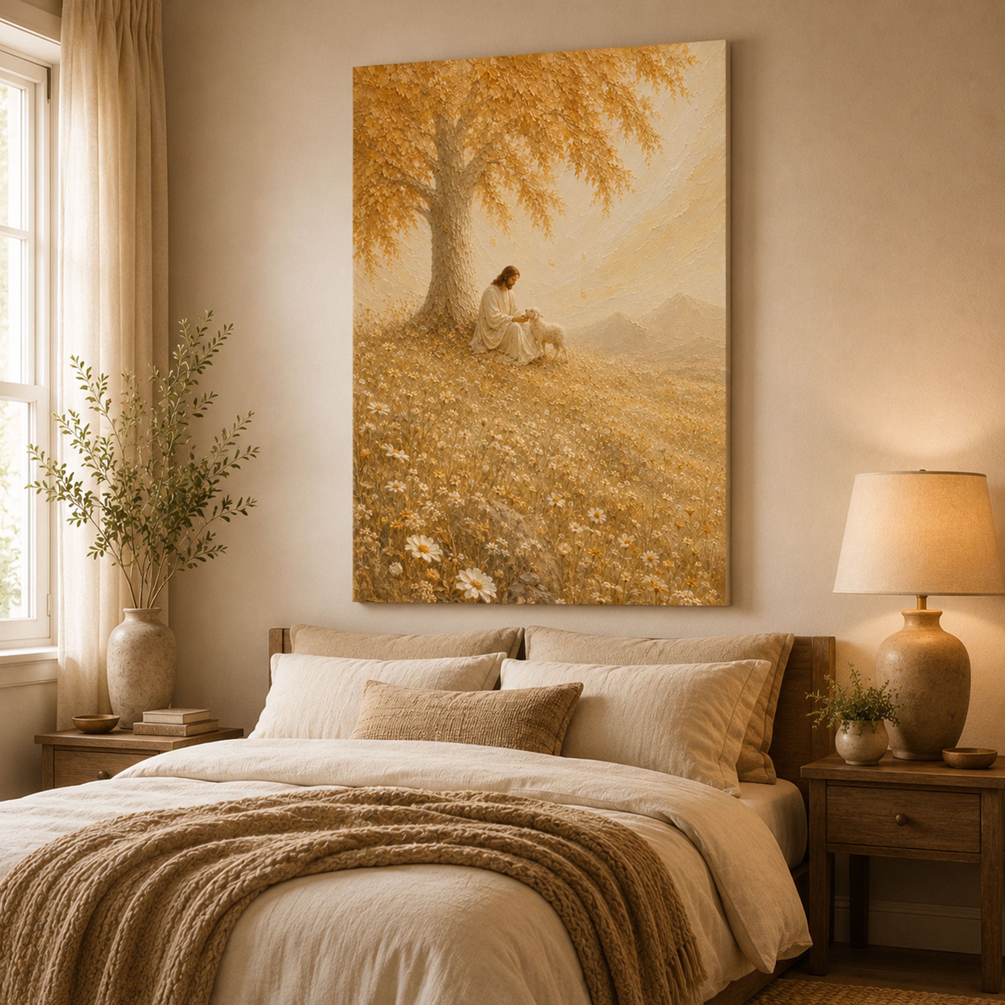 Good Shepherd Jesus with Lamb Canvas Print, Golden Meadow Christian Wall Art, Peaceful Faith Home Decor