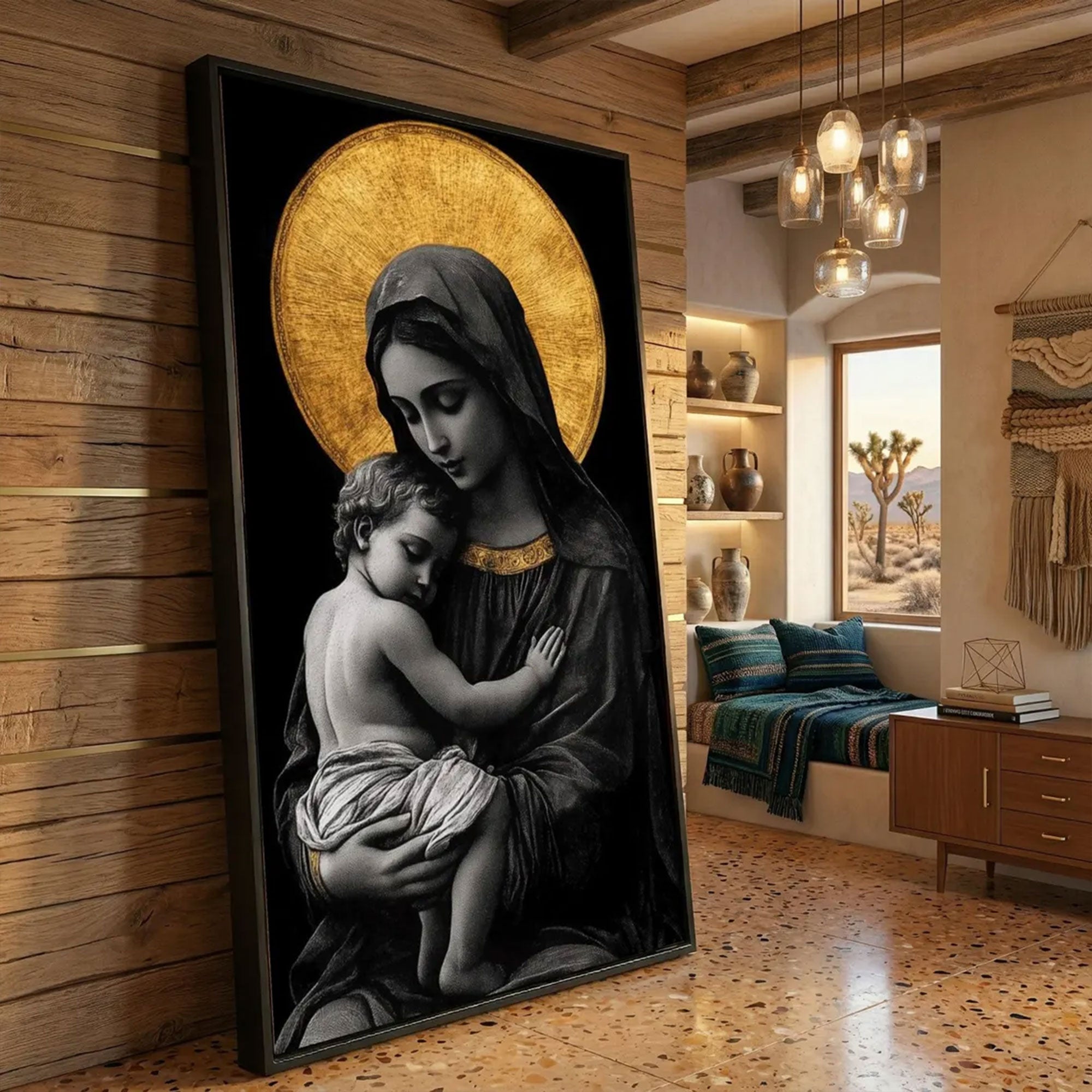 Madonna and Child Black Gold Canvas Wall Art, Virgin Mary Baby Jesus, Catholic Religious Decor