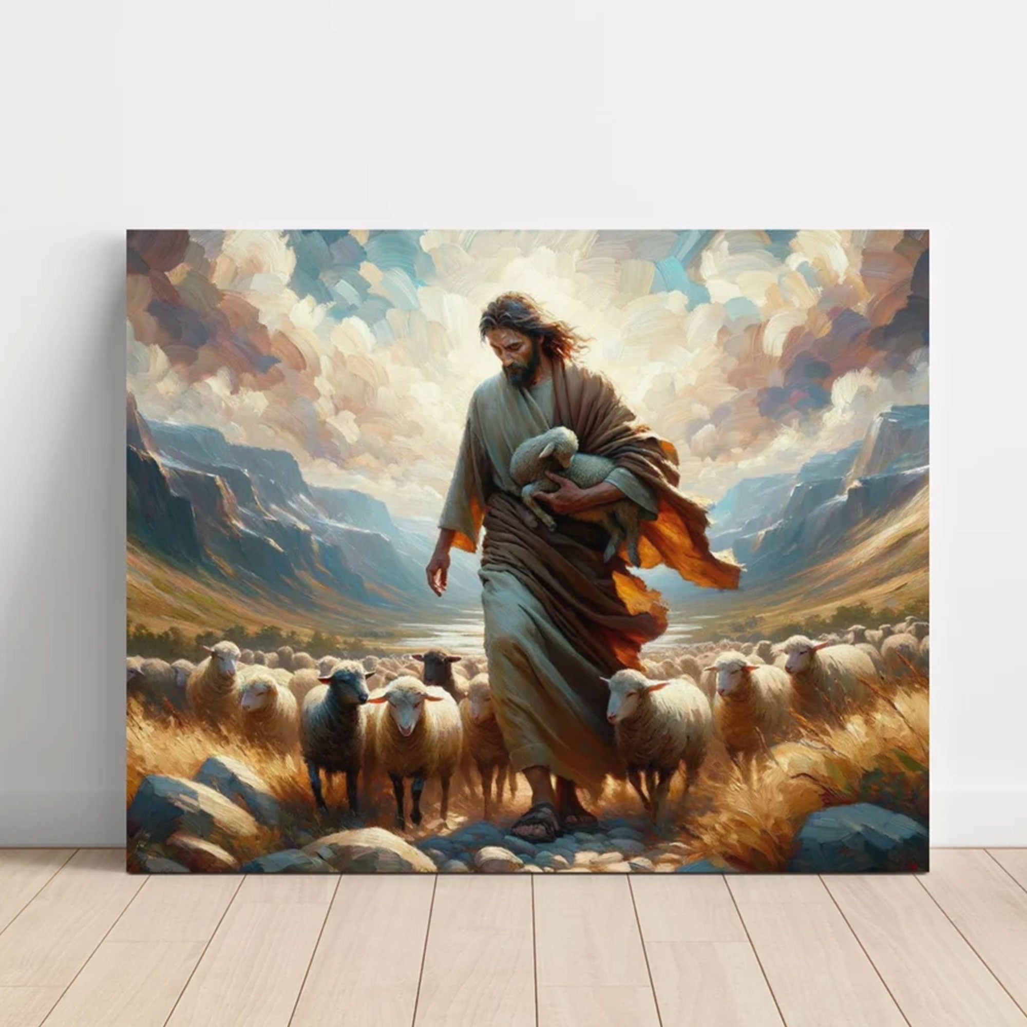 Jesus and the Lost Sheep Framed Canvas Print, Christian Wall Art, Faith Home Decor Gift