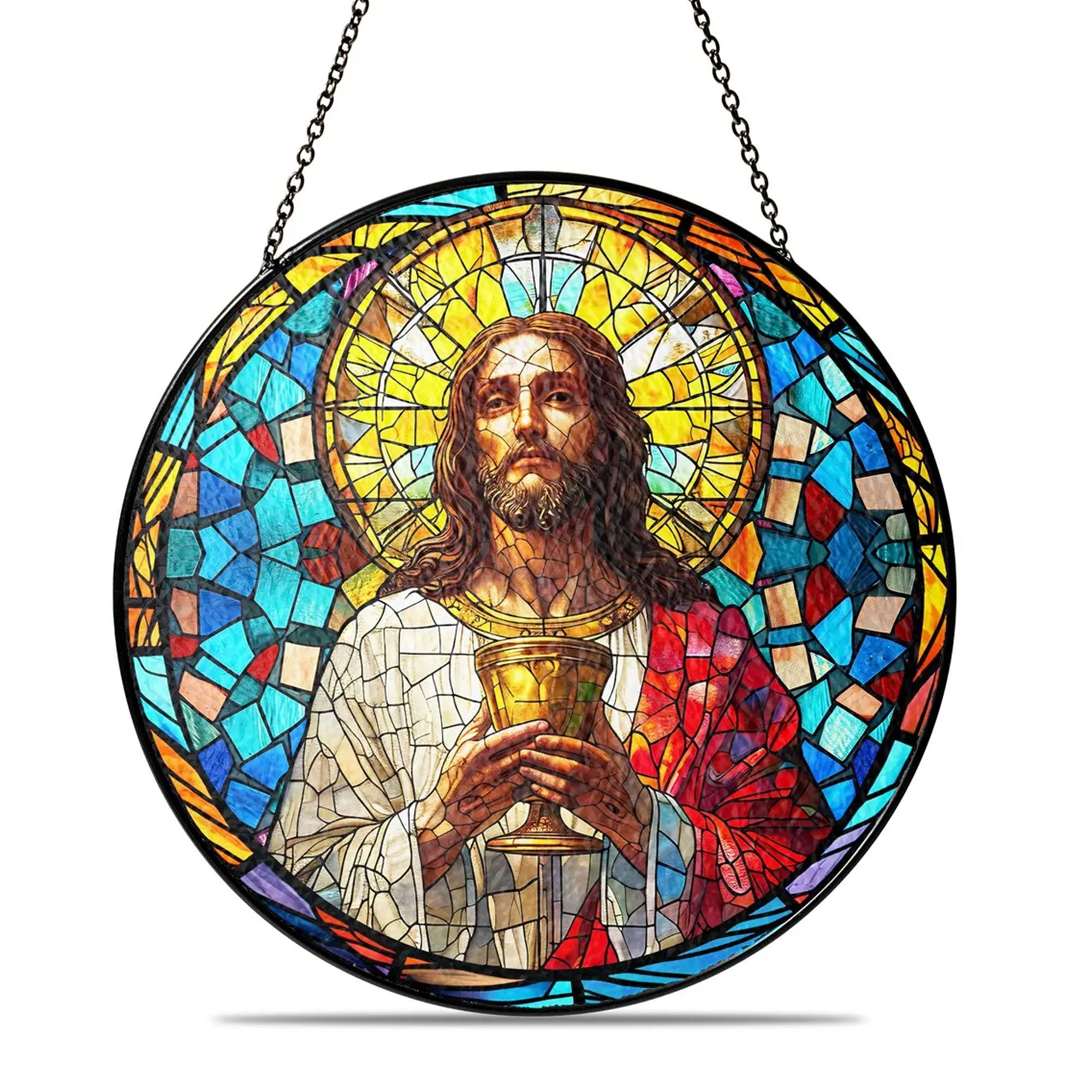 Jesus Christ Stained Glass Suncatcher, Christian Window Hanging Decor, Religious Faith Gift, Spiritual Home Ornament