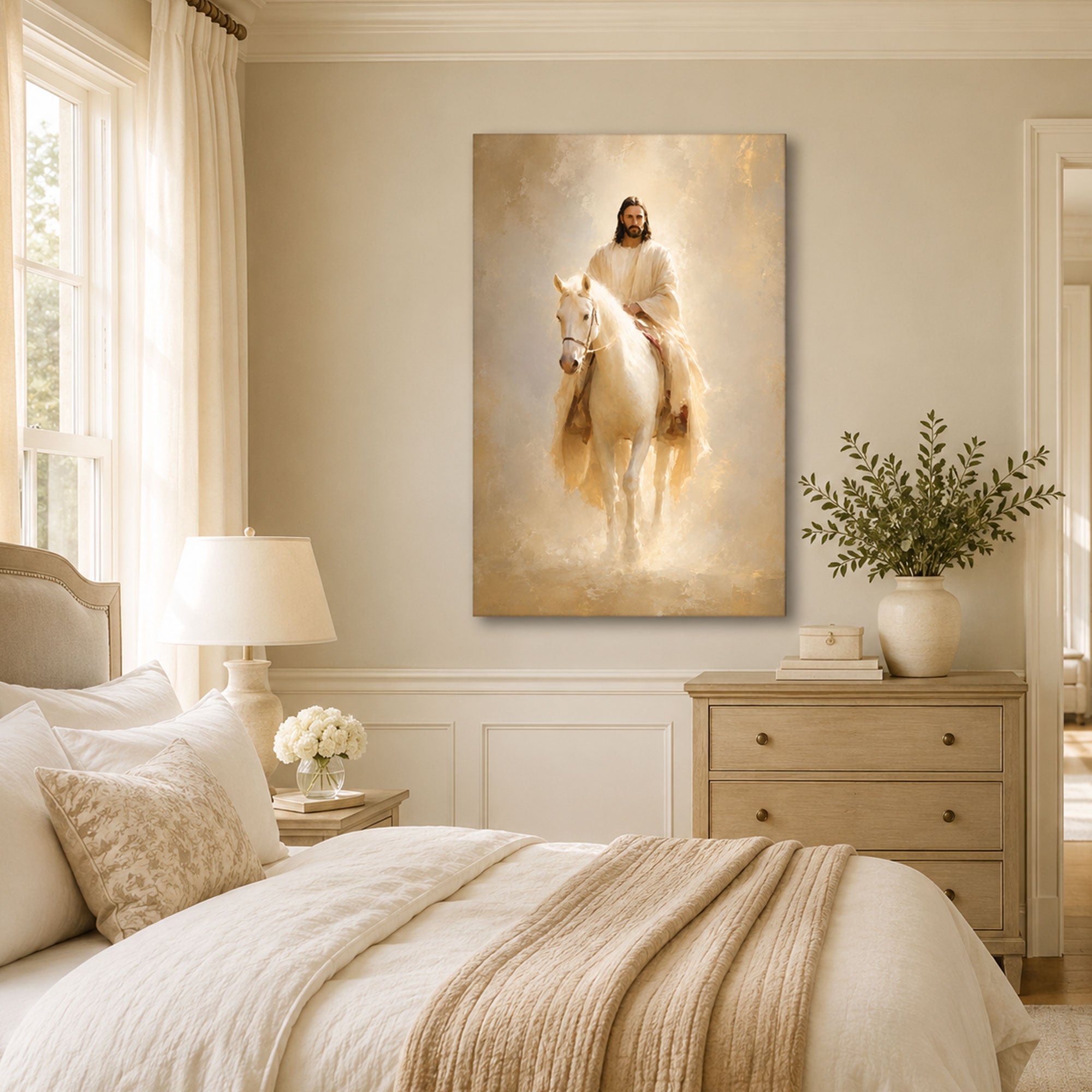 Jesus on White Horse Canvas Print, Second Coming Christian Wall Art, White and Gold Faith Home Decor Gift