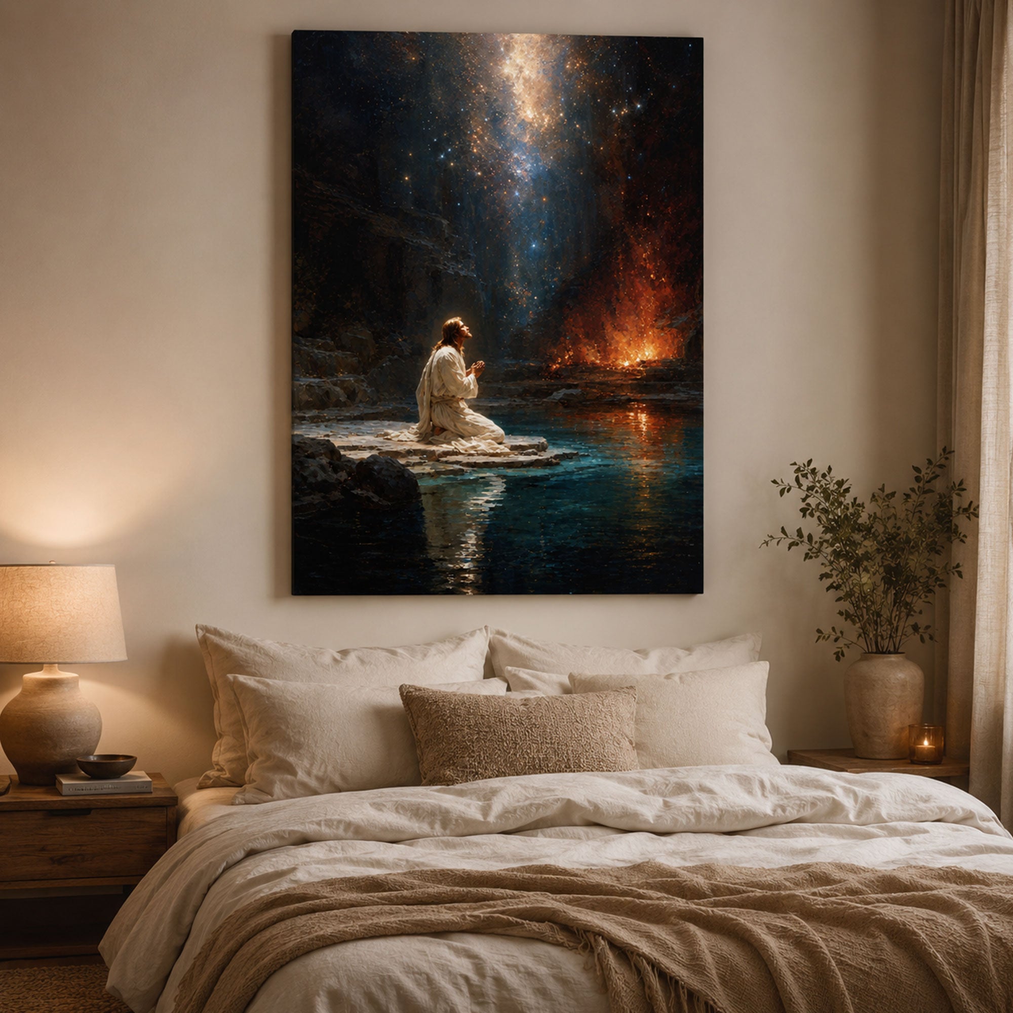 Jesus Praying at Night Canvas Print, Christian Wall Art, Hope Faith Home Decor