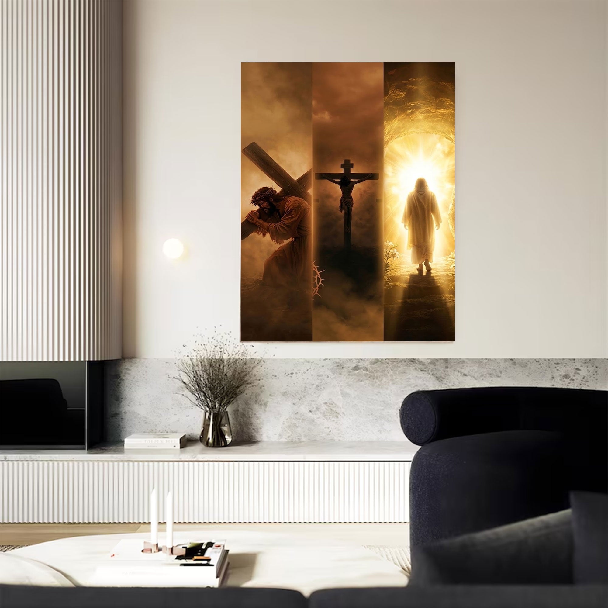 Jesus Passion to Resurrection Canvas Print, Catholic Christian Wall Art, Carrying the Cross Crucifixion and Risen Christ Scene, Sacred Fa