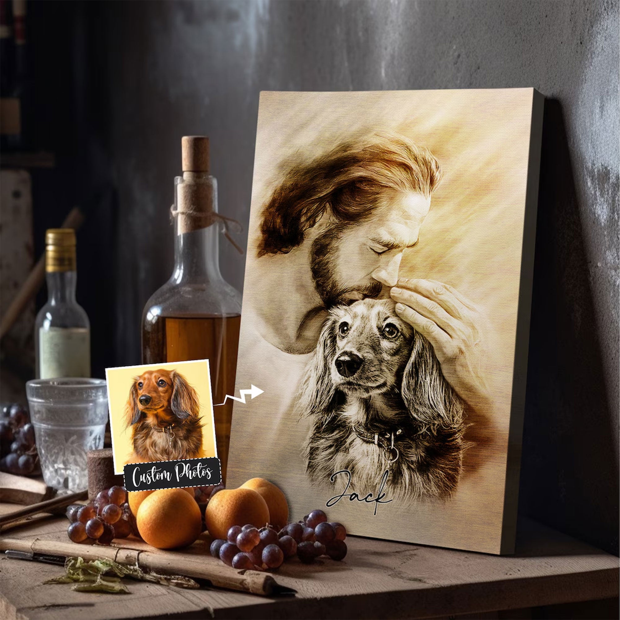 Personalized Jesus and Dog Memorial Canvas, Custom Pet Portrait, Sympathy Gift for Dog Loss