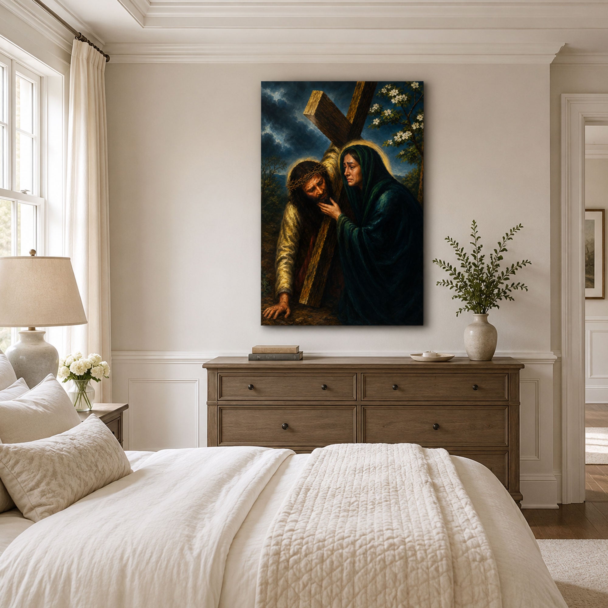 Jesus Meets His Mother Canvas Print, Way of the Cross Catholic Wall Art, Sorrowful Mary Home Decor Gift