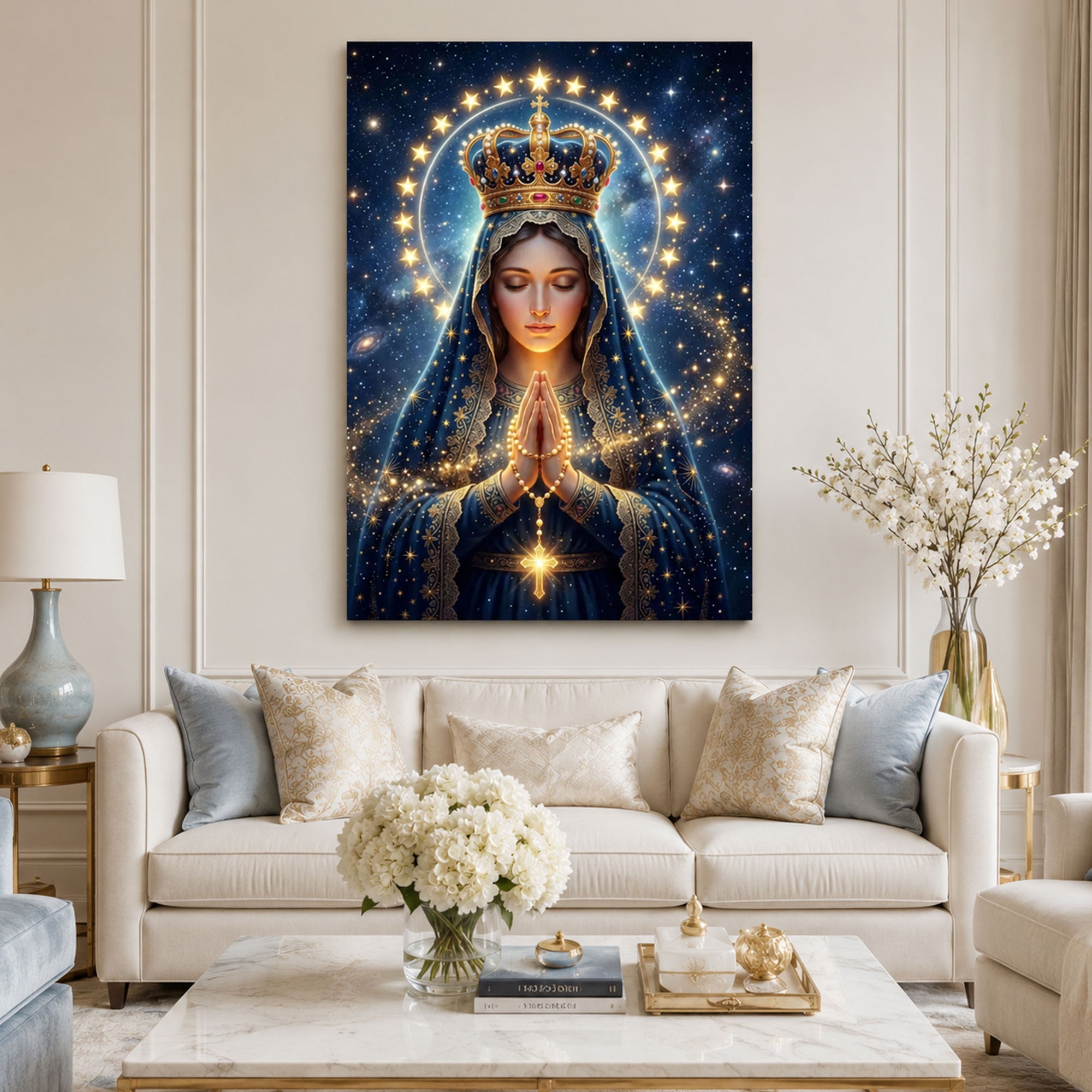 Queen of Heaven Virgin Mary Canvas Print, Celestial Catholic Wall Art, Crowned Madonna Faith Decor, Heavenly Christian Artwork