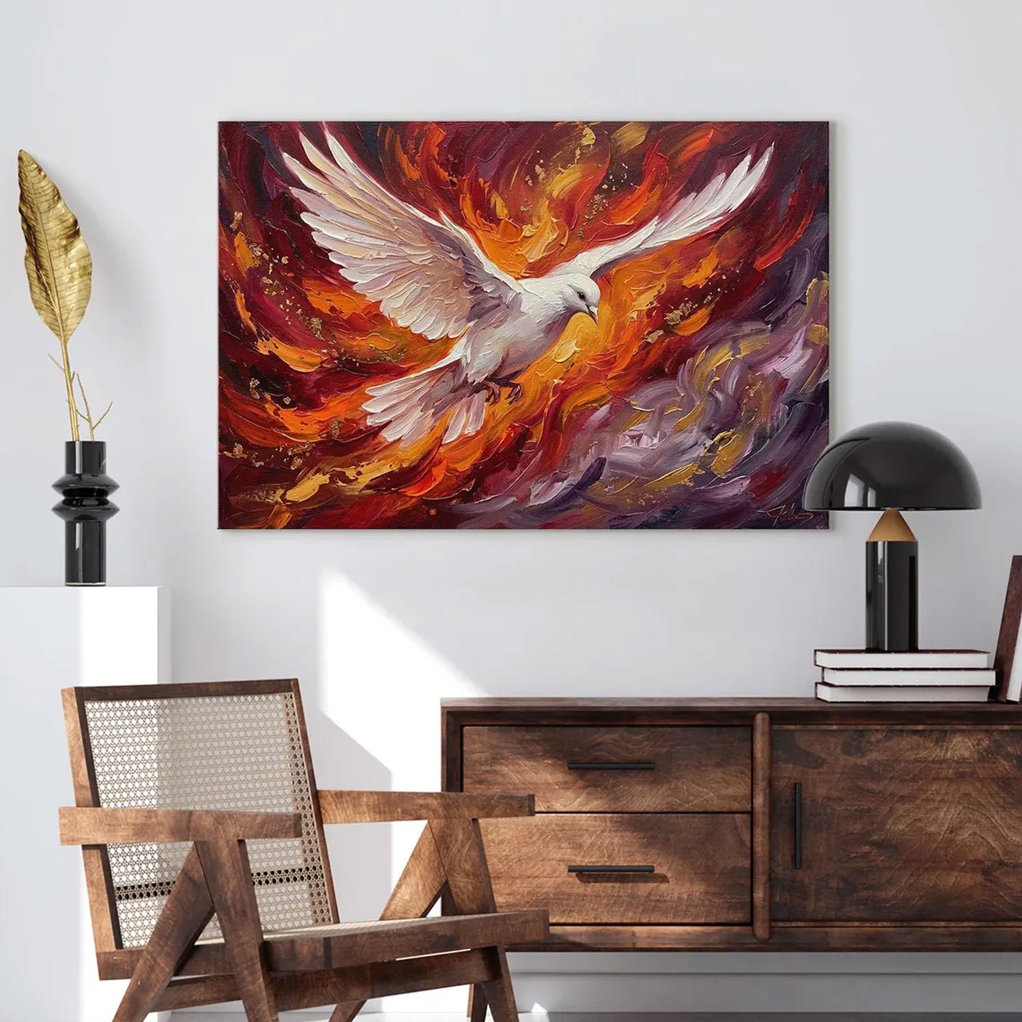 Holy Spirit Dove Fire Canvas Print, Modern Christian Wall Art, Pentecost Flame Decor, Red Orange Gold Faith Artwork