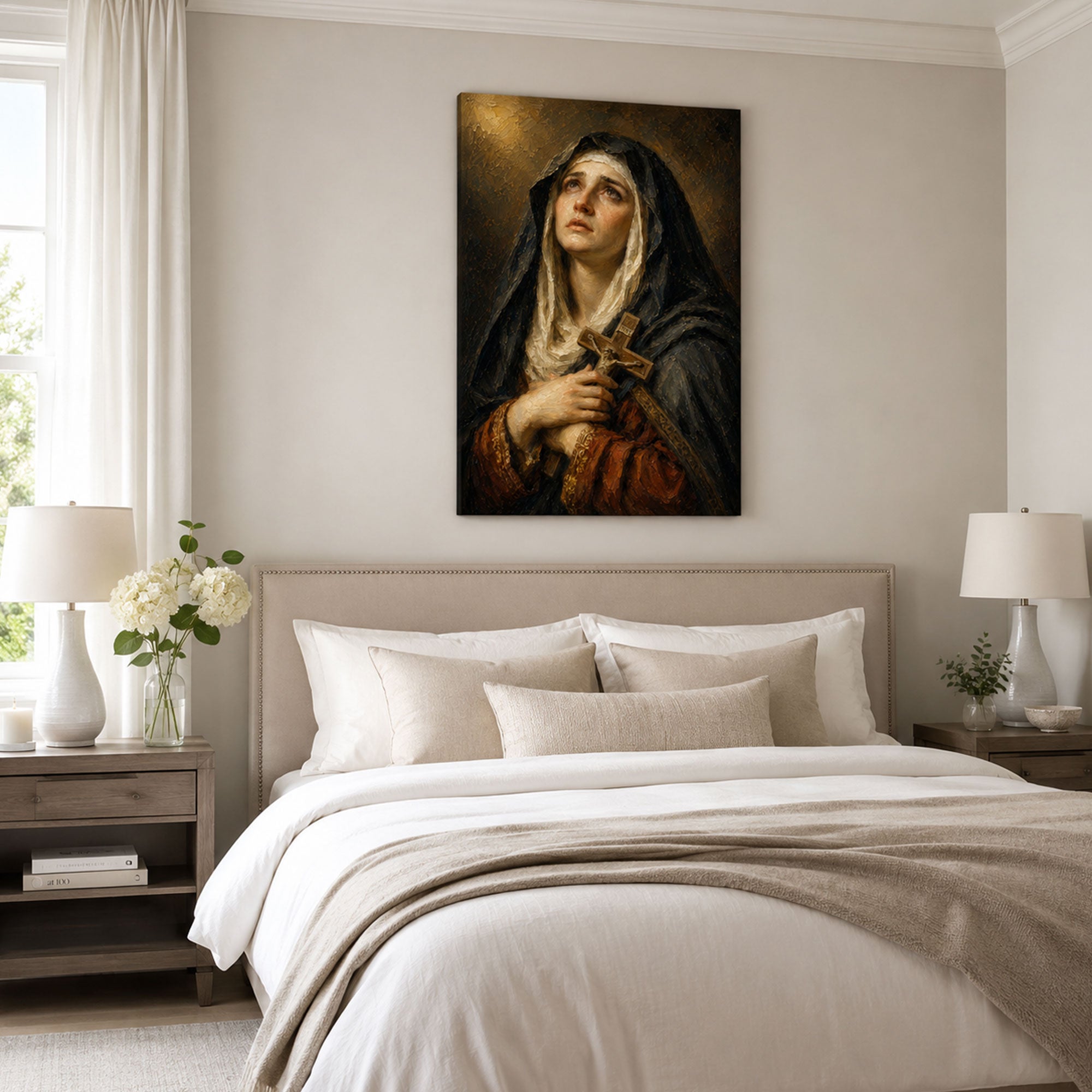 Our Lady of Sorrows Canvas Print, Virgin Mary Holding Crucifix Catholic Wall Decor, Marian Faith Gift
