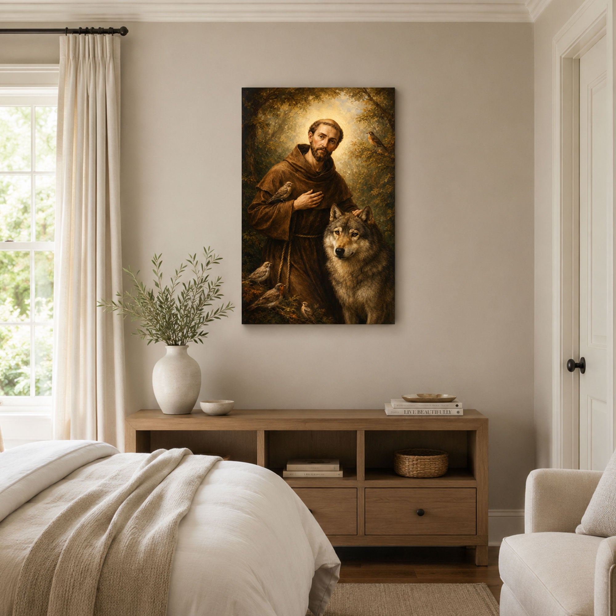 Saint Francis of Assisi Canvas Print, Wolf and Birds Catholic Wall Art, Christian Nature Home Decor Gift