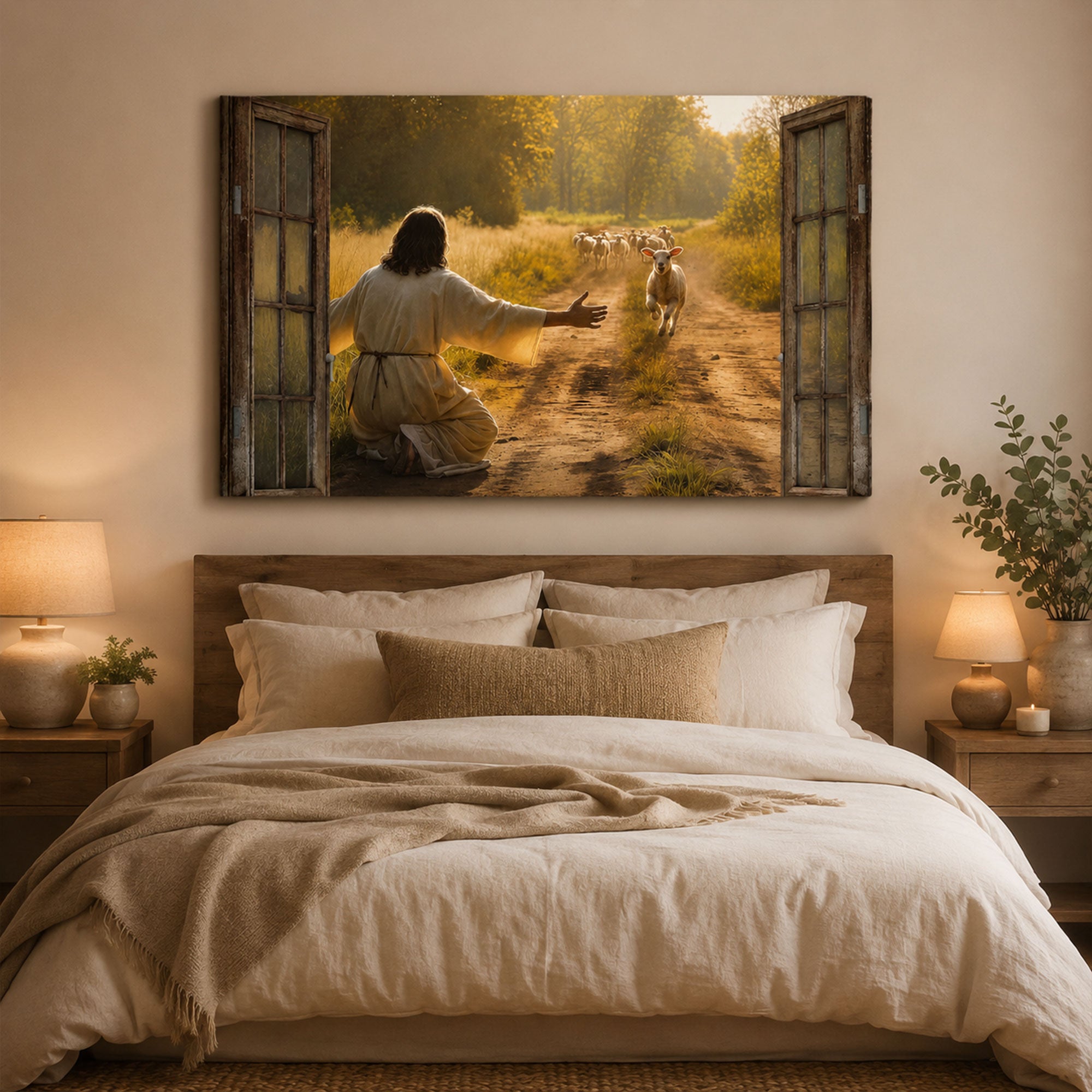 Good Shepherd Lost Sheep Canvas Print, Jesus Welcoming Lamb Christian Wall Art, Faith Home Decor